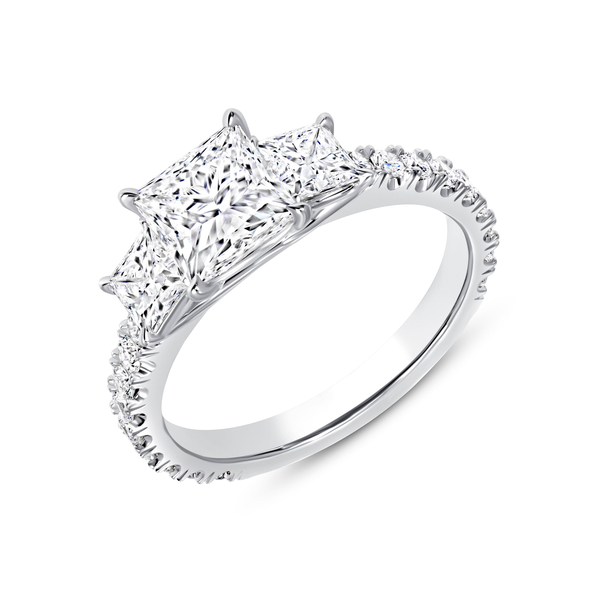 Princess Cut Diamond Three Stone Pavé Engagement Ring Platinum