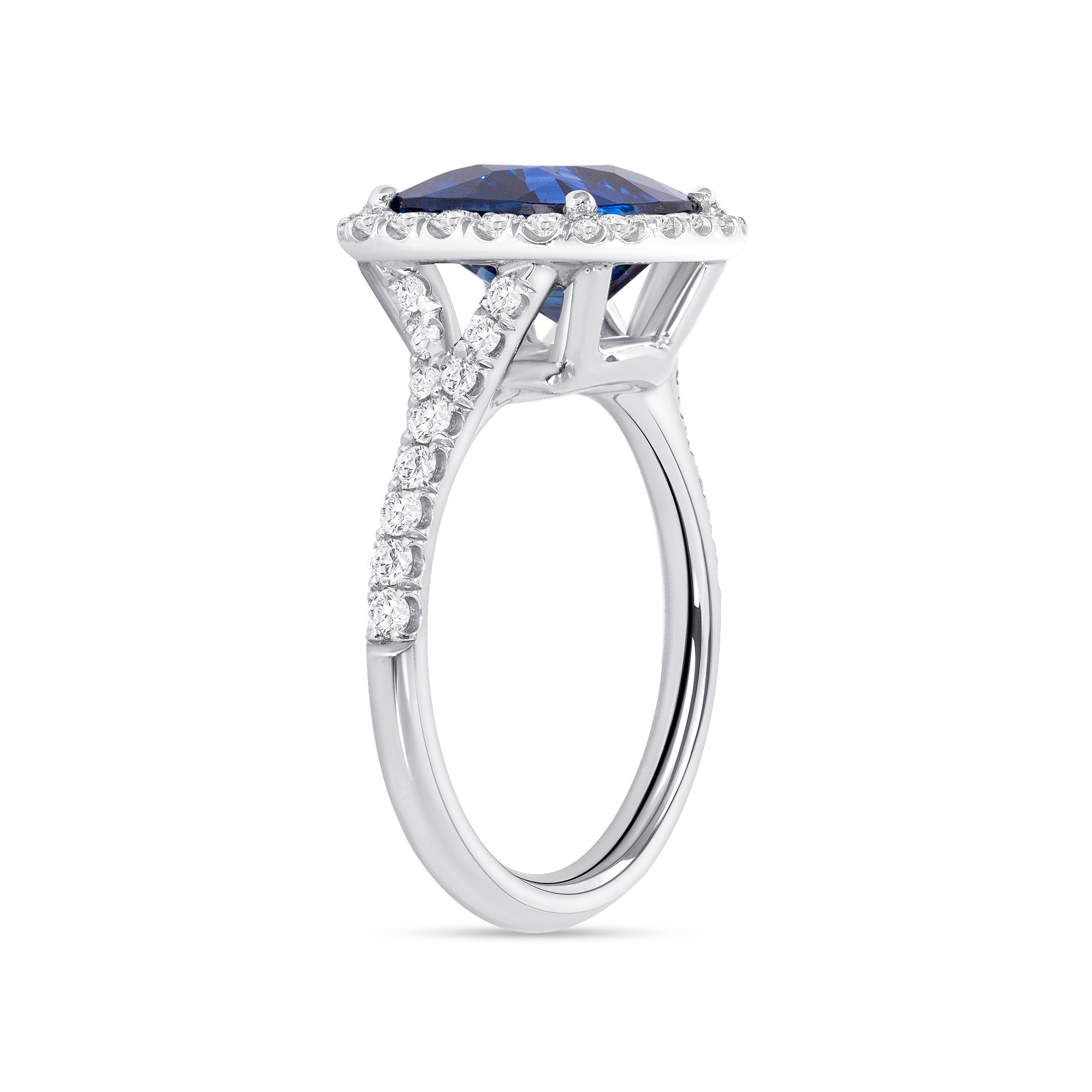 Cushion Cut Blue Sapphire Diamond Halo Ring In Platinum