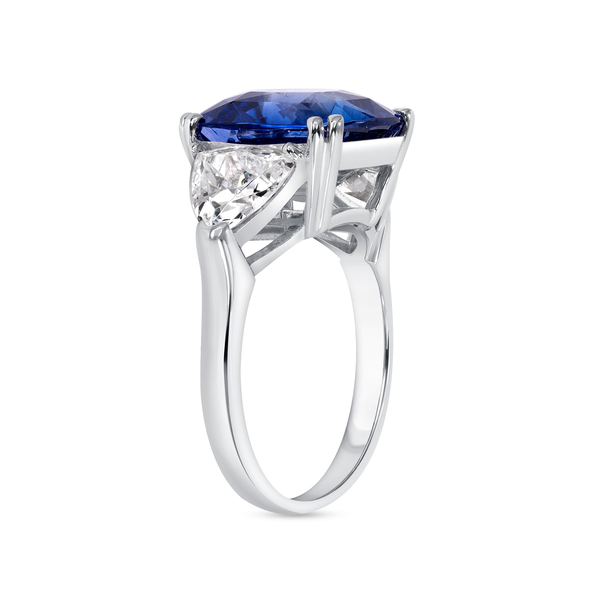 Cushion Cut Blue Sapphire and Trillion Cut Diamond Three Stone Ring