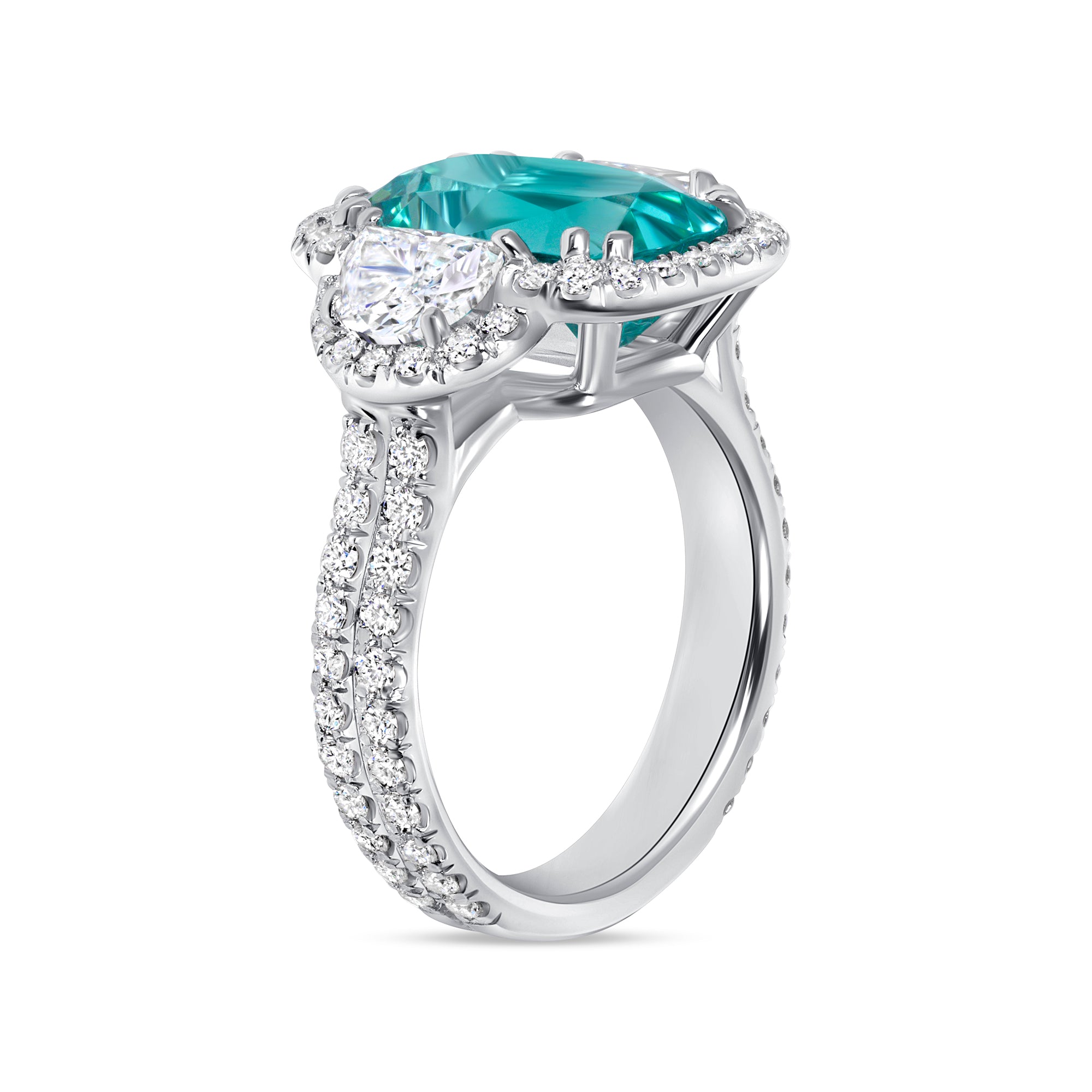 Elongated Cushion-Cut Blue Lagoon Tourmaline & Diamond Halo Ring in Platinum
