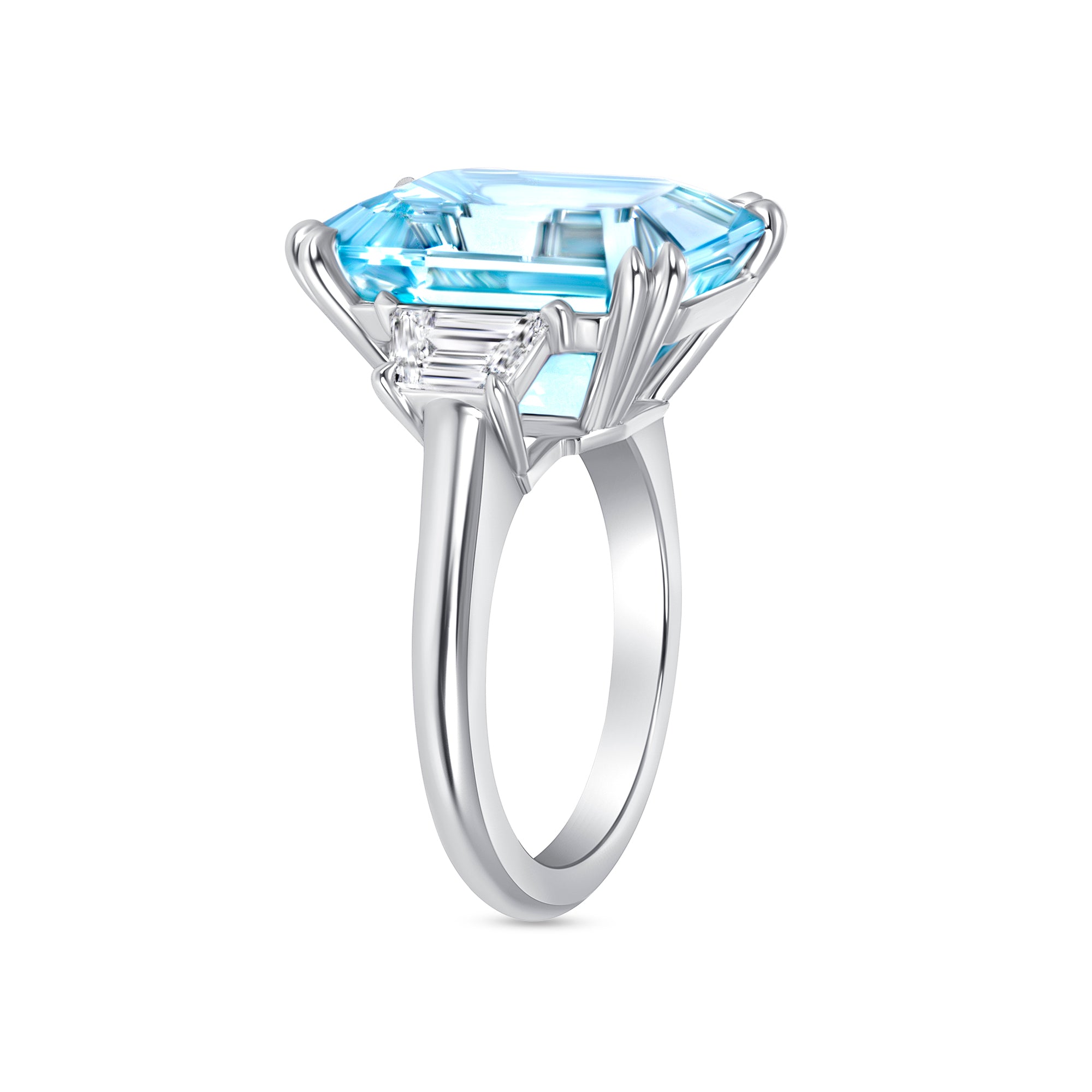 Emerald Cut Aquamarine and Trapezoid Diamond Three Stone Ring in Platinum