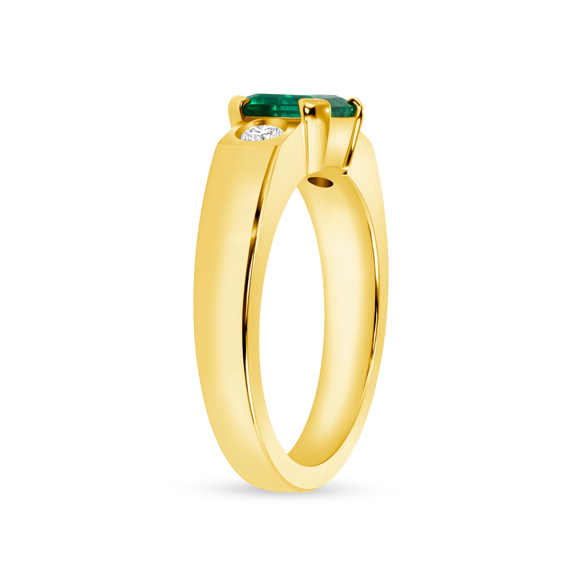 Emerald Cut Emerald and Diamond Three Stone Ring in 18K Yellow Gold