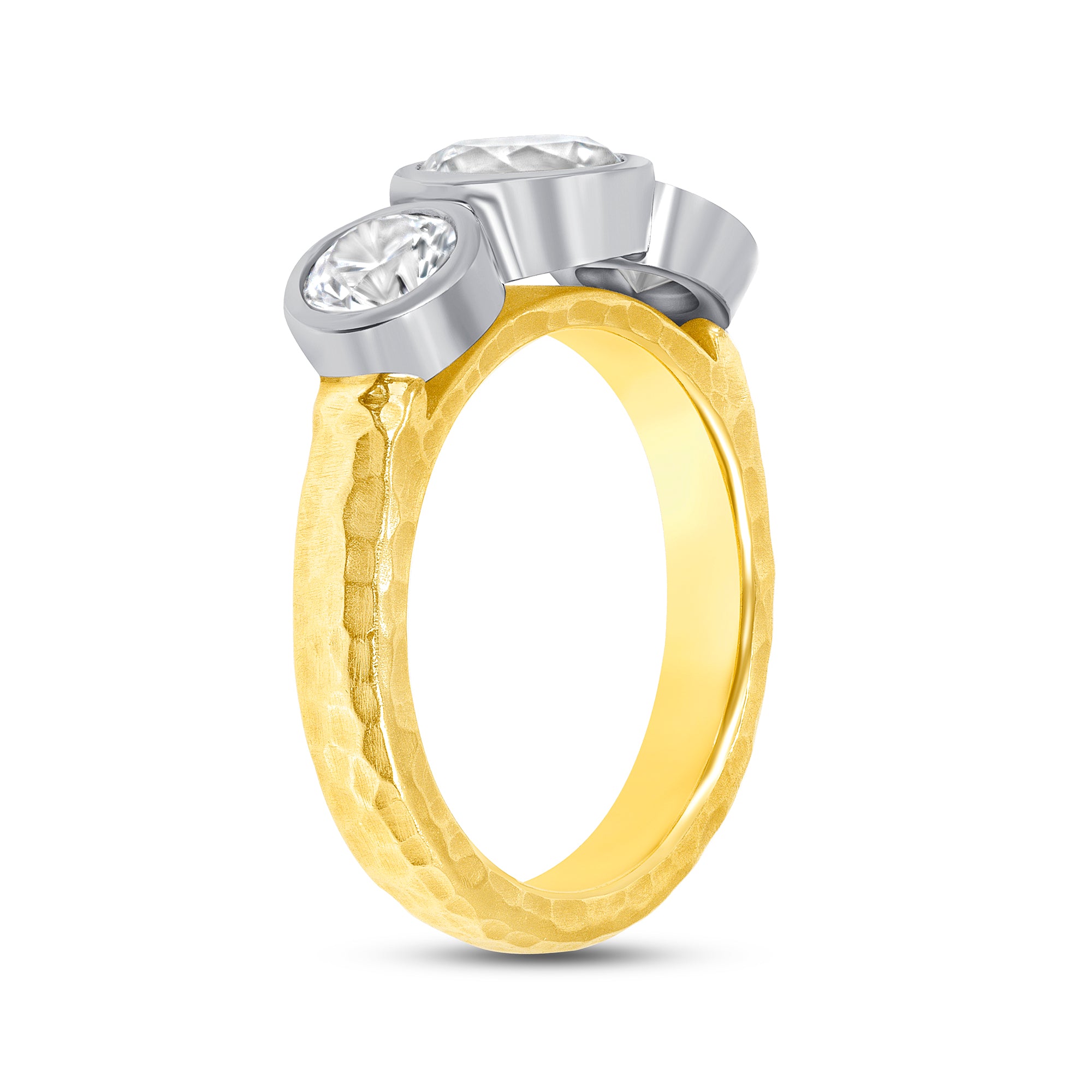 Bezel Set Round Diamond Three Stone Ring in Platinum and 18K Yellow Gold