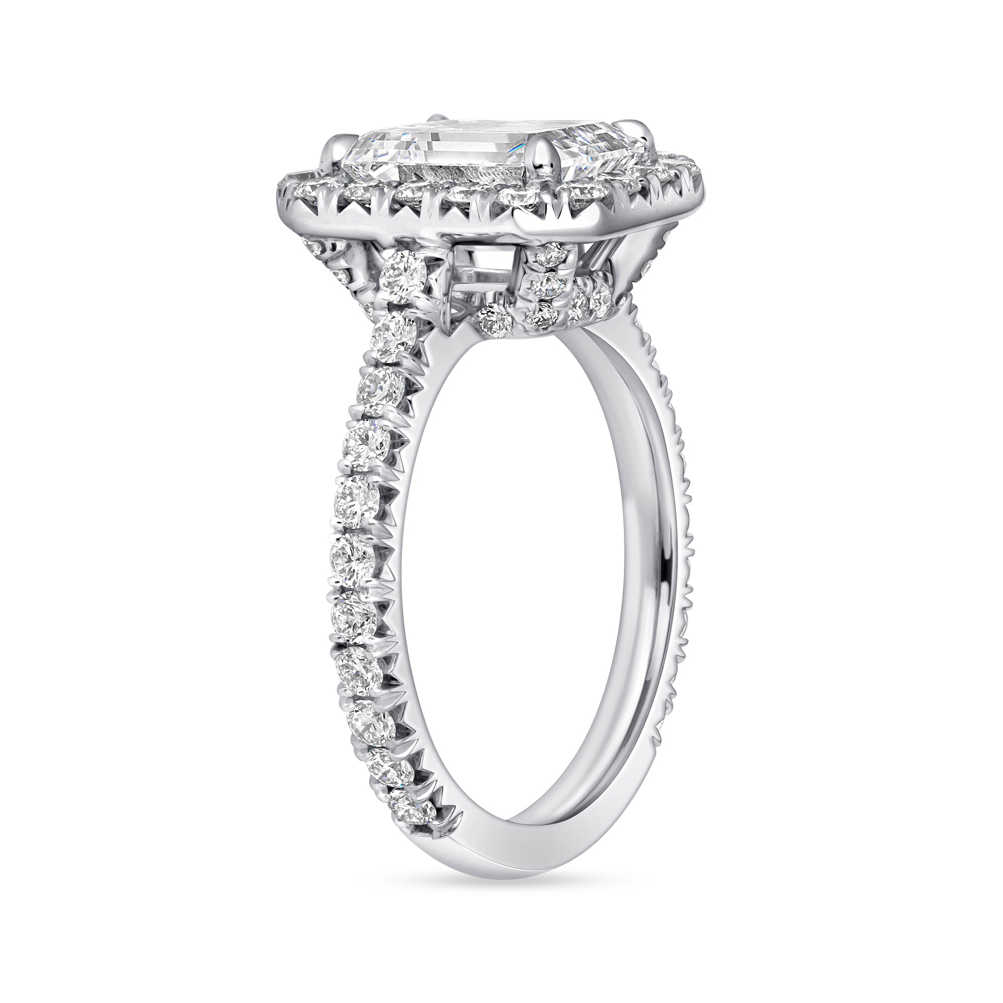 Emerald Cut Diamond Pavé Ring with Halo in Platinum Ruthenium