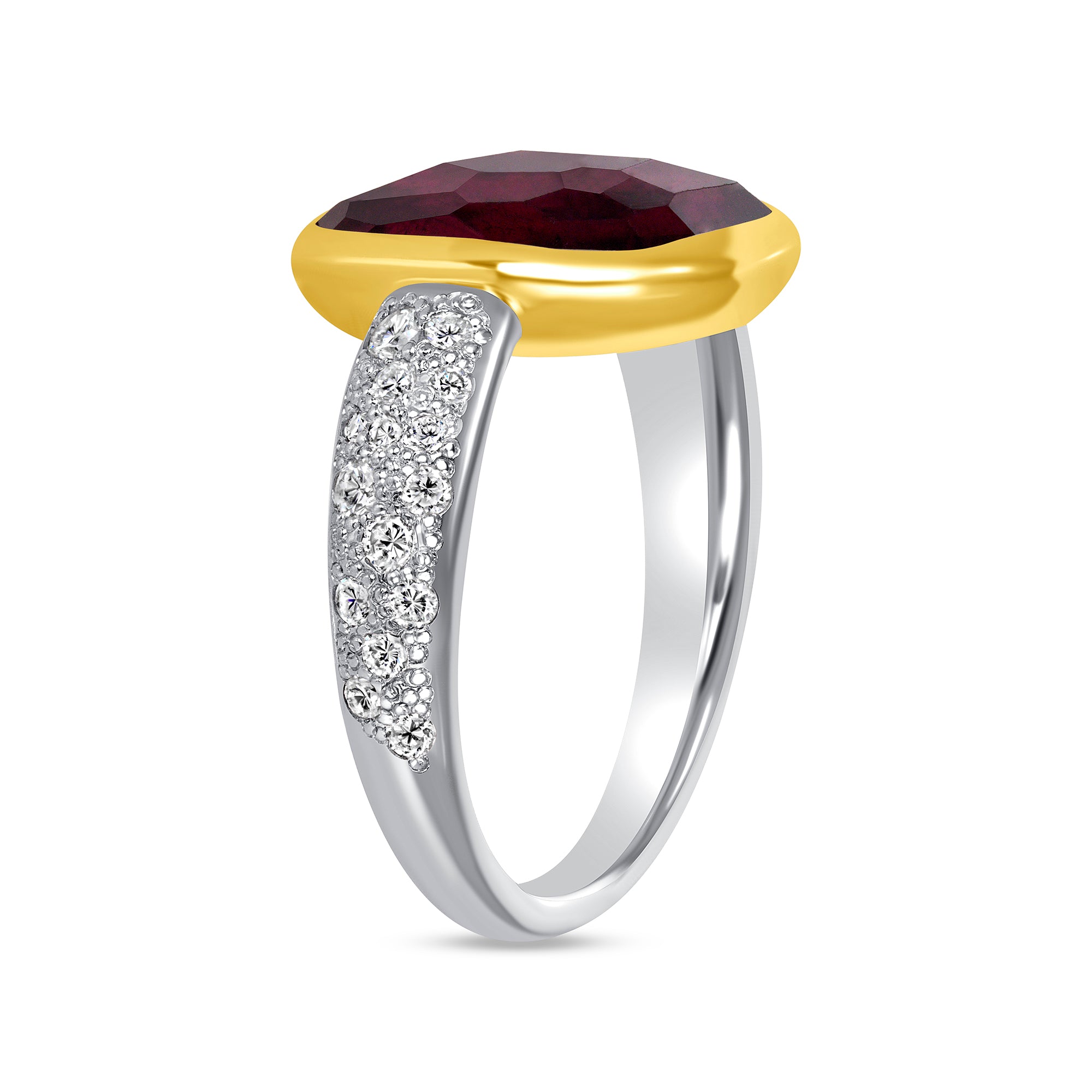 Cushion-Cut Ruby Pavé Bezel Ring in 18K Yellow Gold and Platinum