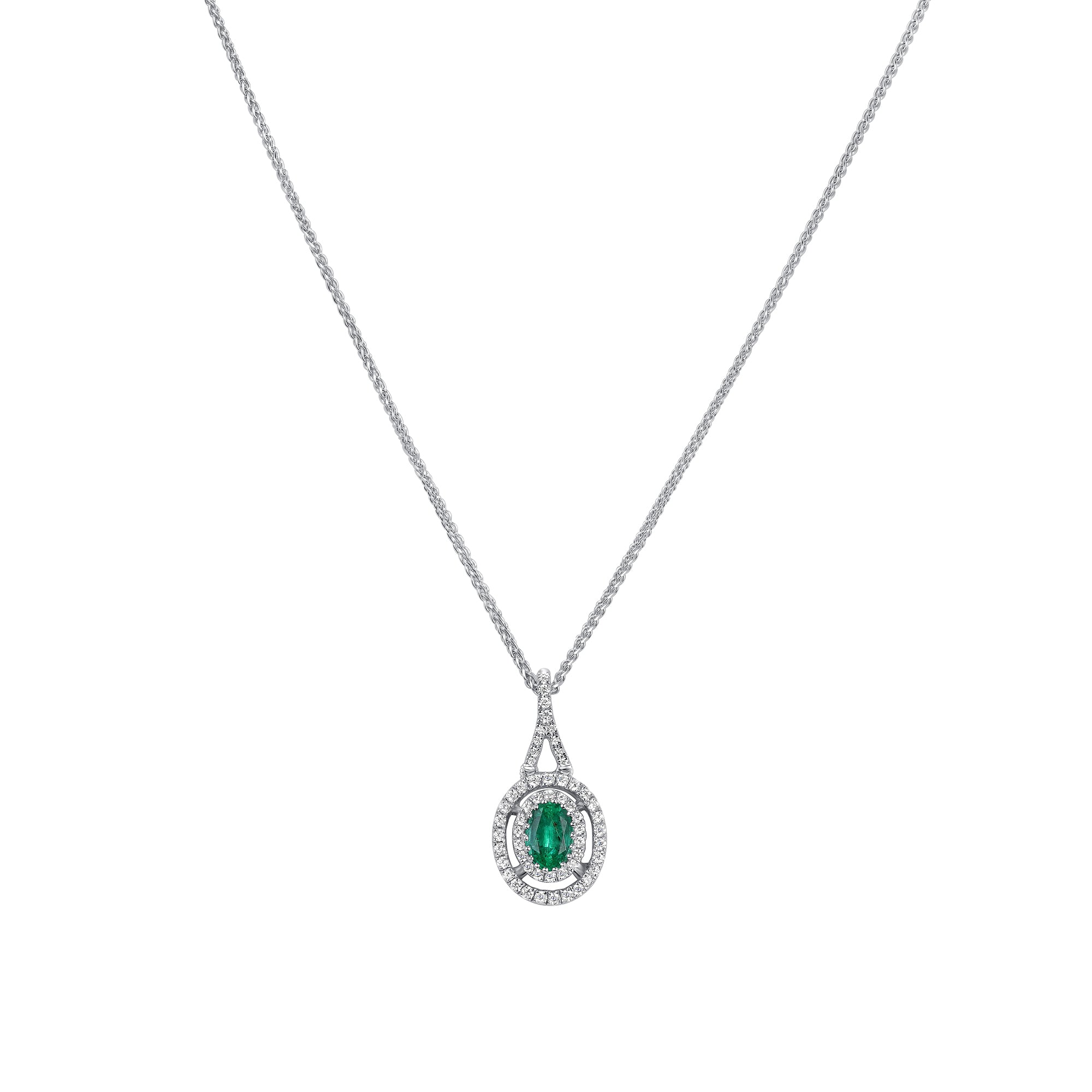 Oval Cut Emerald and Diamond Halo Pendant Necklace in 18K White Gold