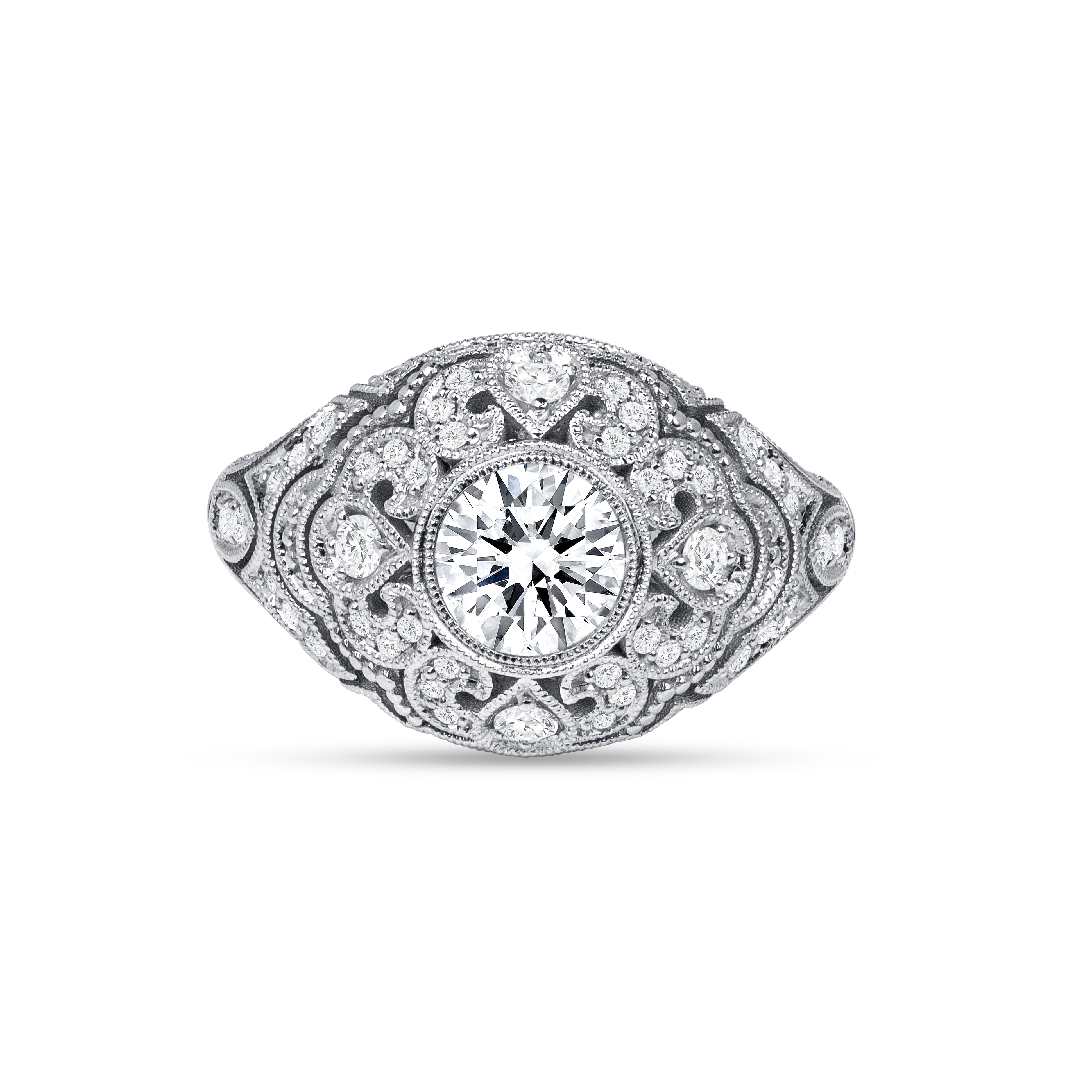 0.78ctw Round Diamond Center Art Deco Ring in 14K White Gold