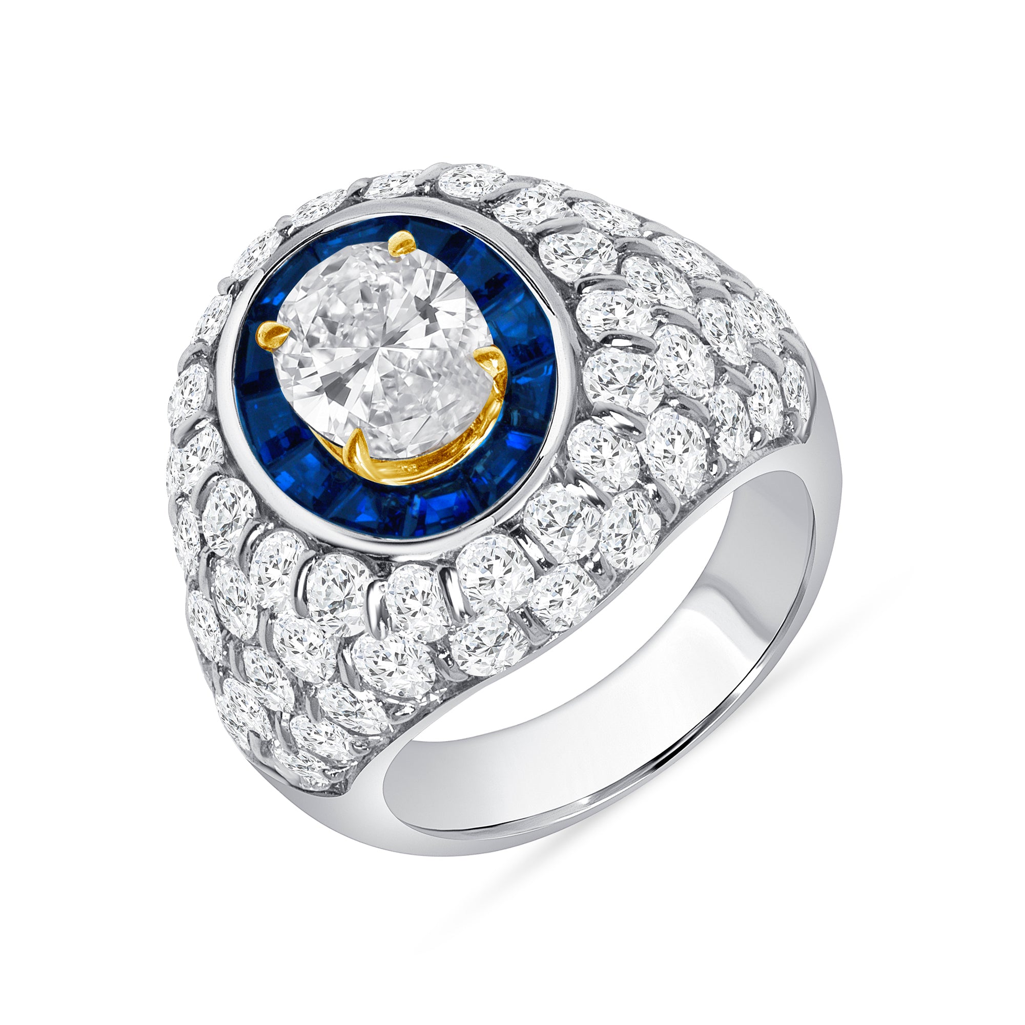 Oval Diamond and Blue Sapphire Cluster Ring in 18K White Gold