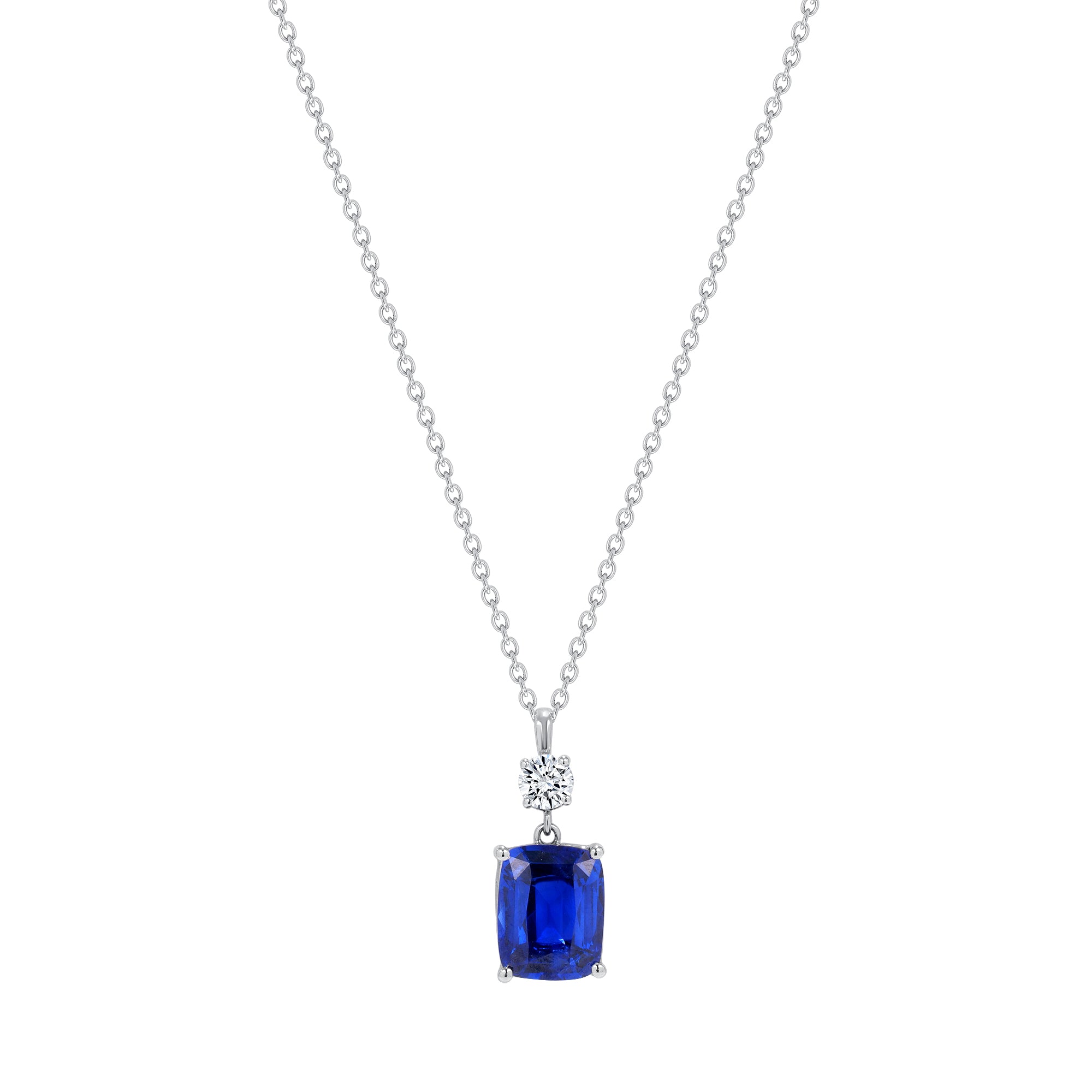 Blue Sapphire And Diamond Dangling Pendant In 18 Karat White Gold