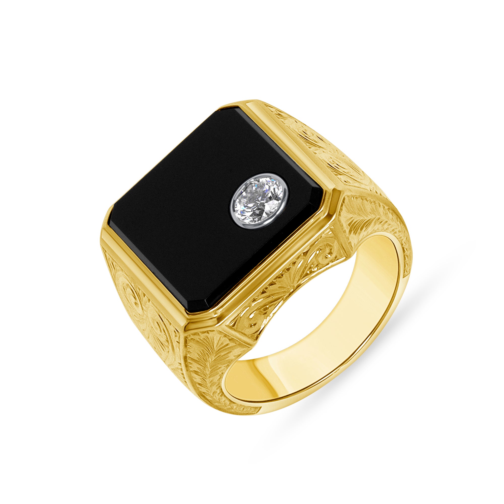 Bezel Set Round Cut Diamond Detailed Signet Ring with Black Enamel in Two Tone Gold