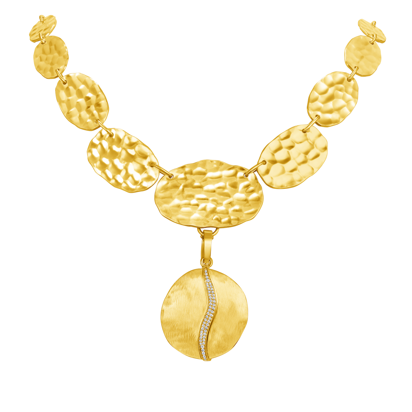 Hammered Gold Disc Necklace with Diamond Accent Pendant in 18K Yellow Gold