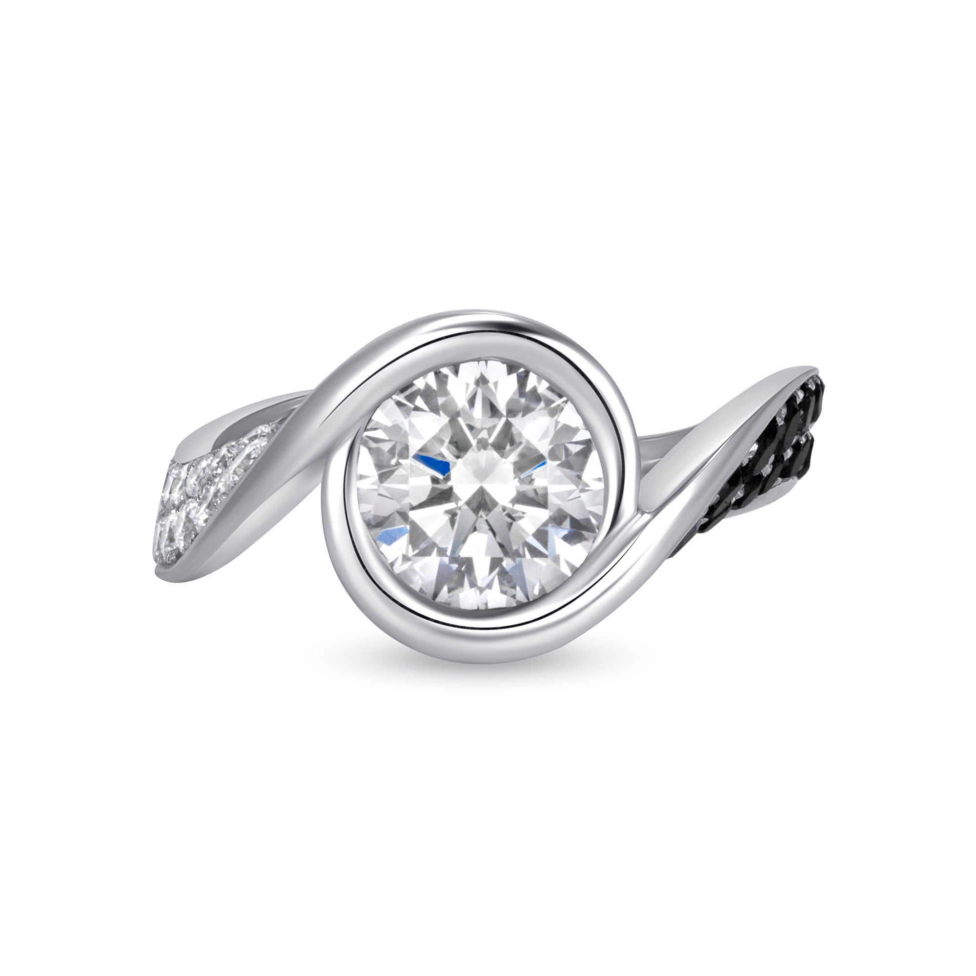 Bezel Set Round Diamond Ring with Black and White Diamonds in 18K White Gold
