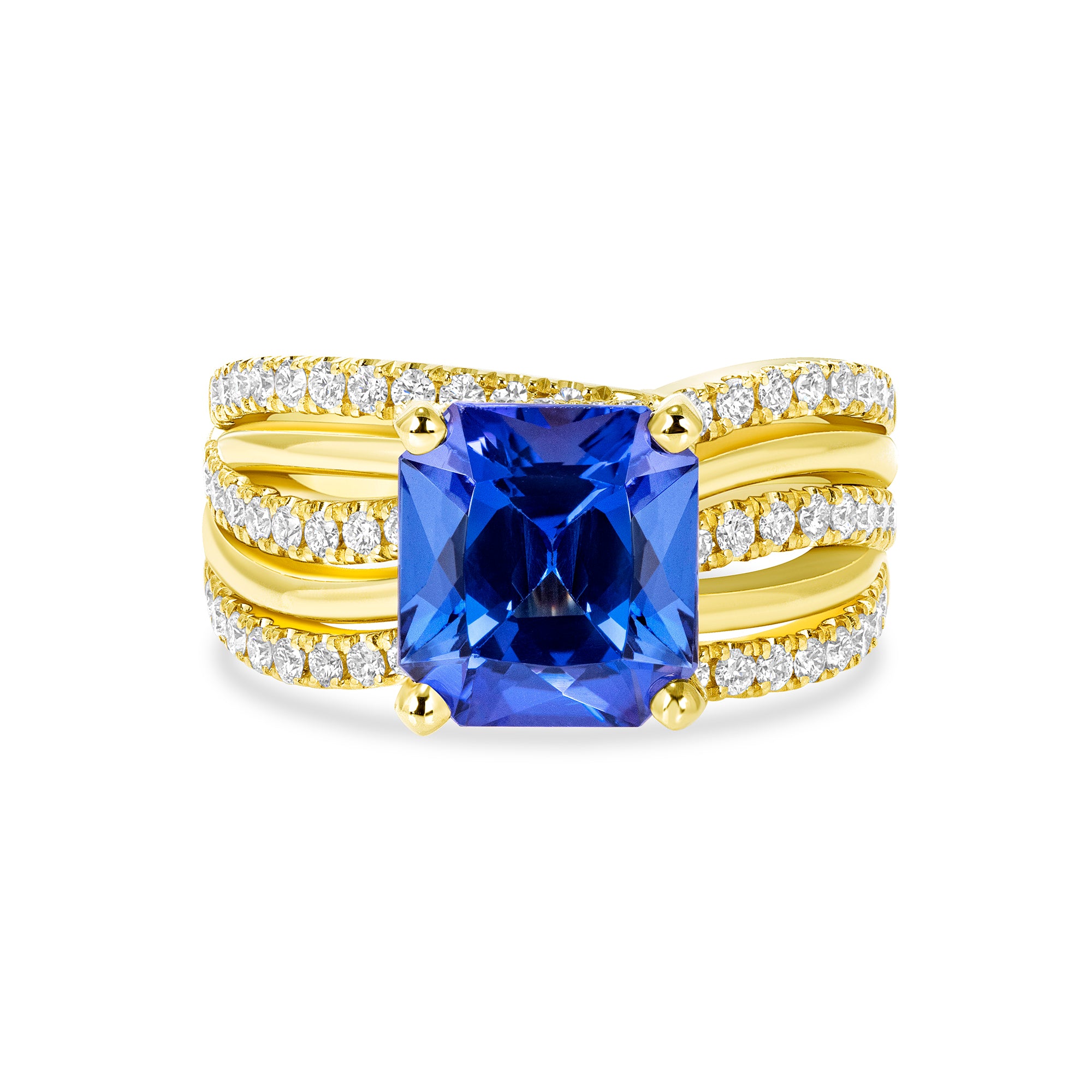 Cushion-Cut Blue Sapphire and Diamond Multi-Band Ring in 18K Yellow Gold