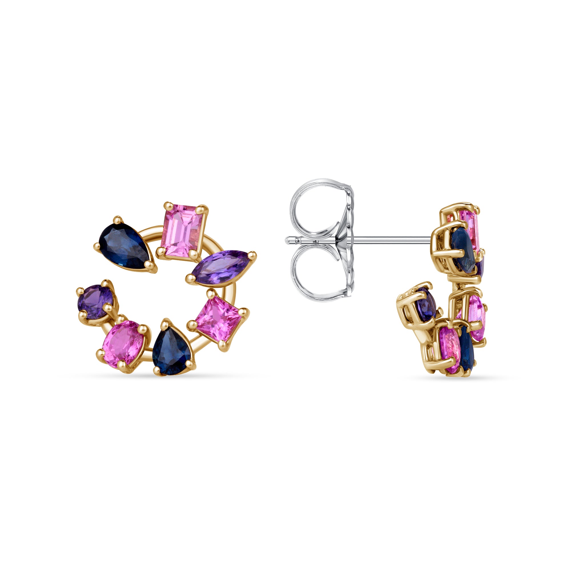Multi-Shape Multi-Color Sapphire Open Circle Stud Earrings in 18K Yellow Gold