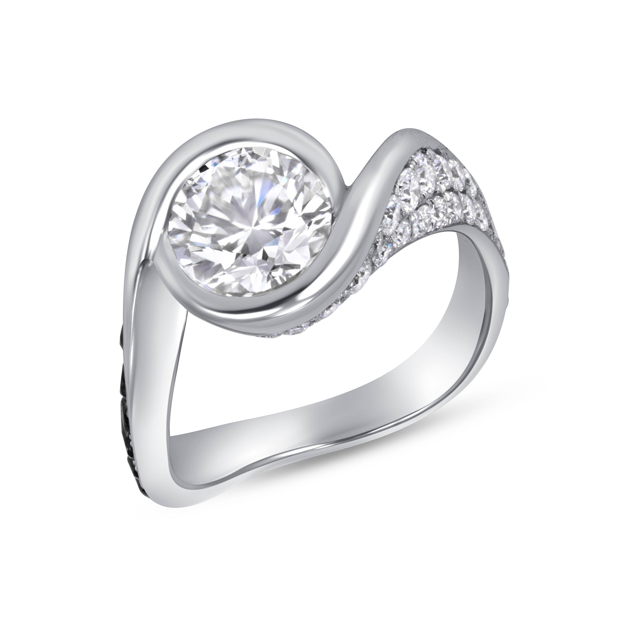 Bezel Set Round Diamond Ring with Black and White Diamonds in 18K White Gold
