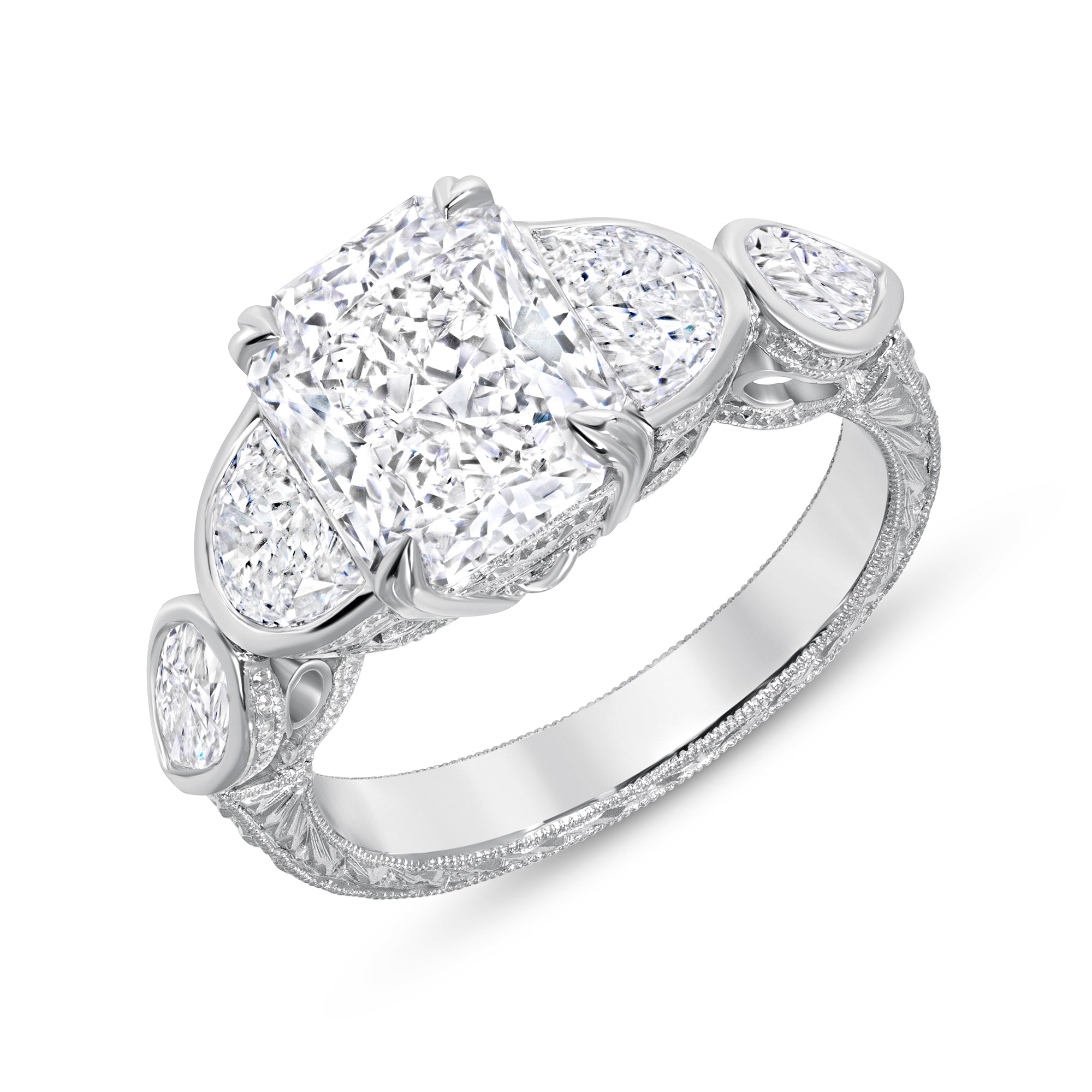 Radiant Cut and Mixed Shape Diamond Engagement Ring in Platinum