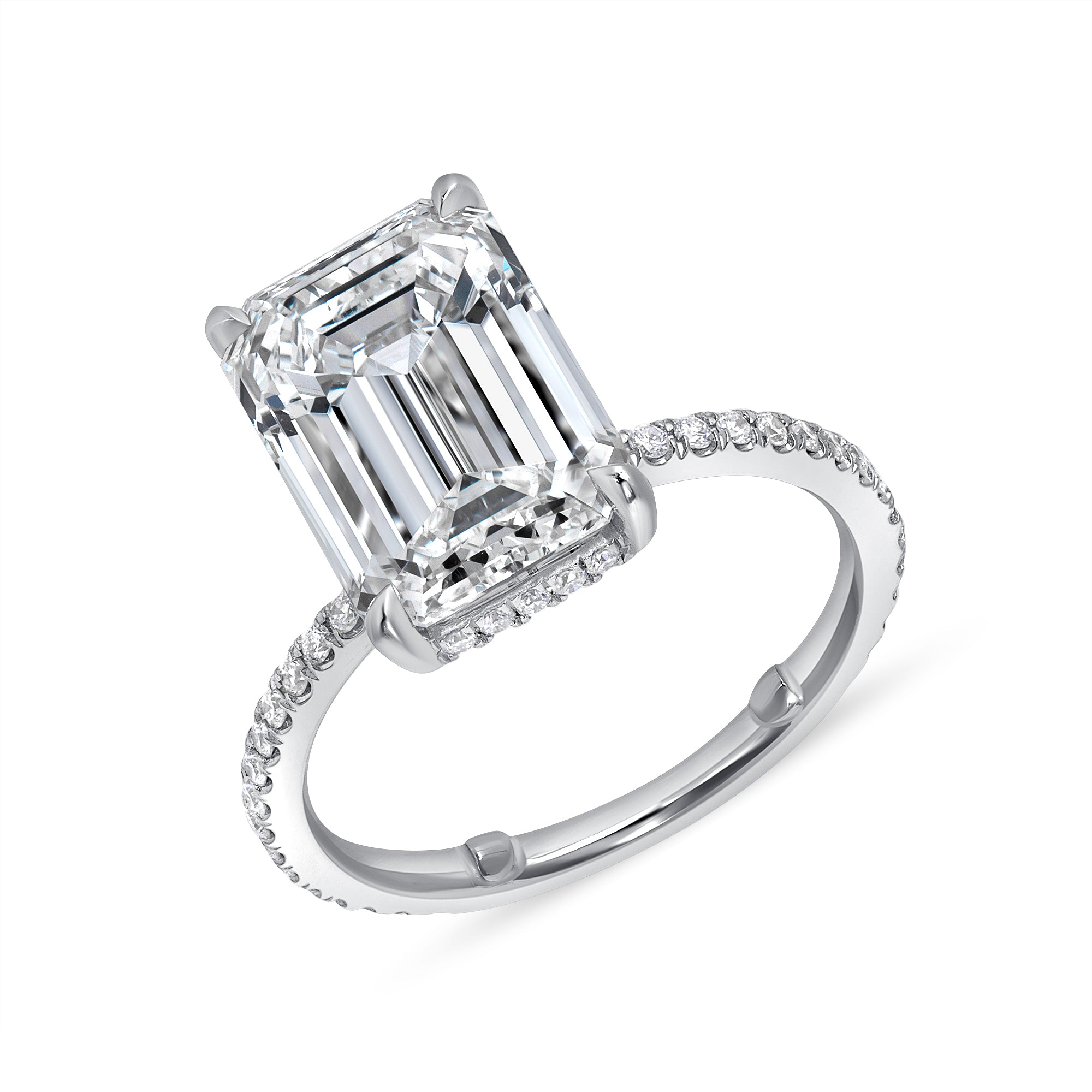 Emerald Cut Diamond Hidden Halo Engagement Ring with Pavé Band in Platinum Ruthenium