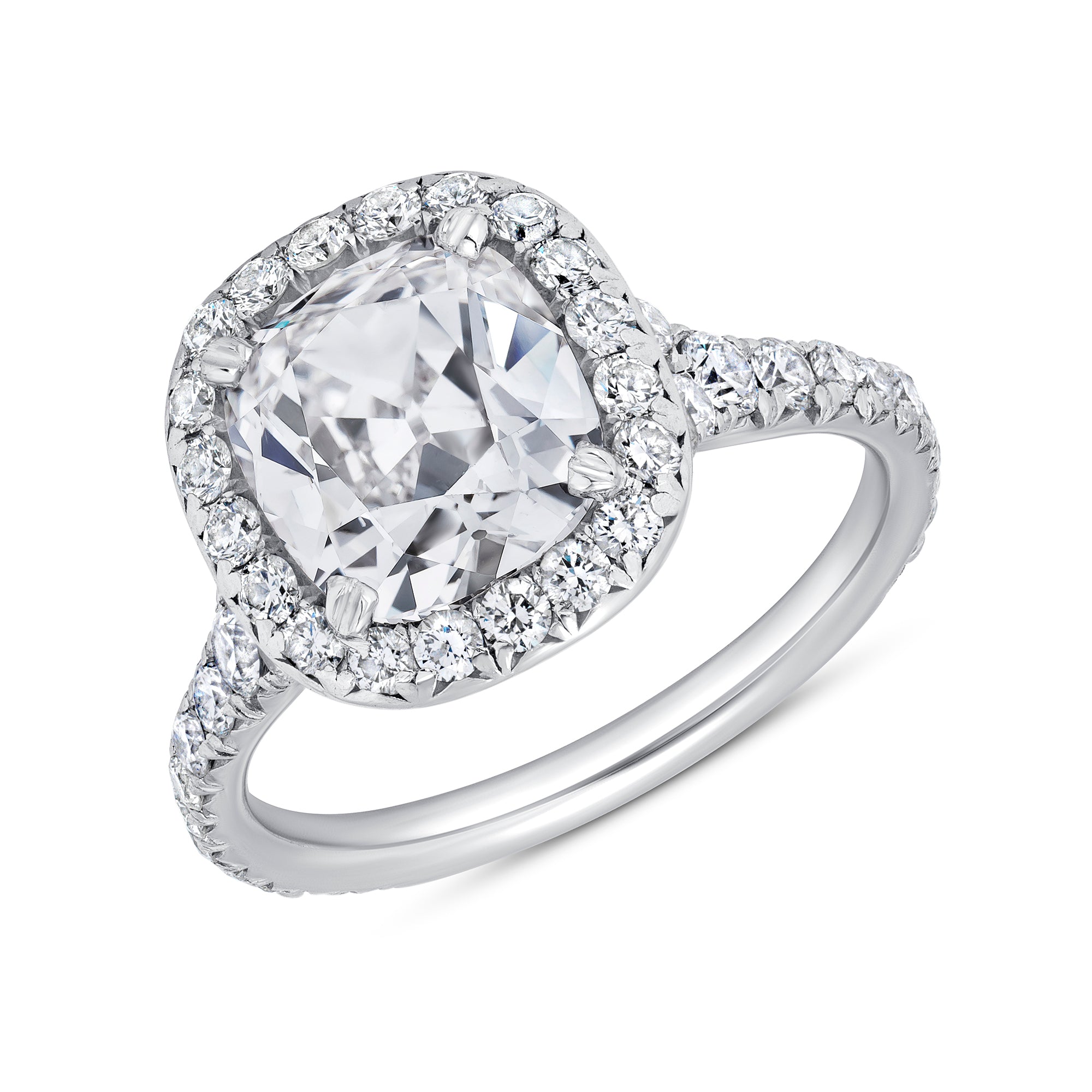 Cushion-Cut Diamond Halo Ring with Pavé Band in Platinum