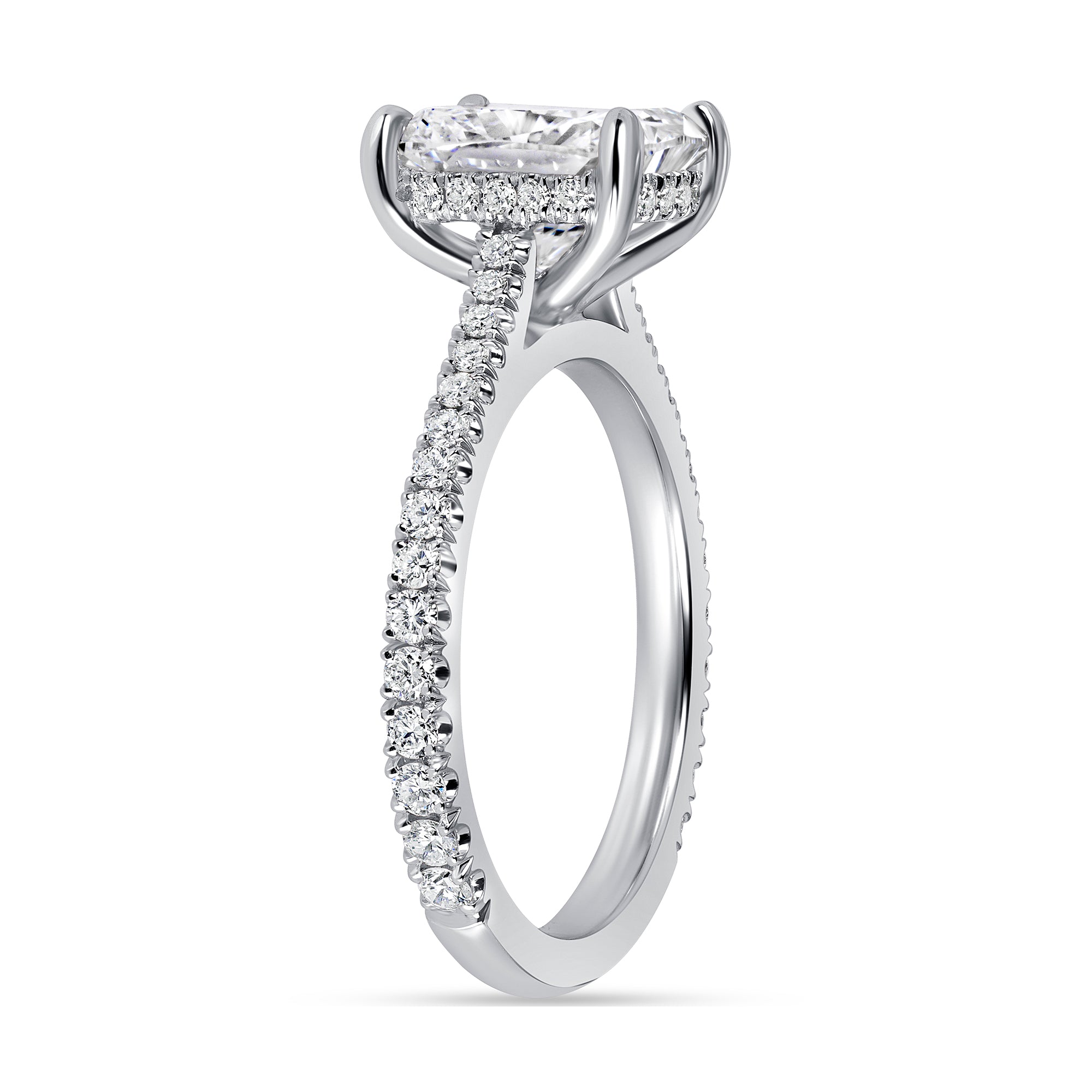 Radiant Cut Diamond Hidden Halo Ring with Pavé Band in Platinum