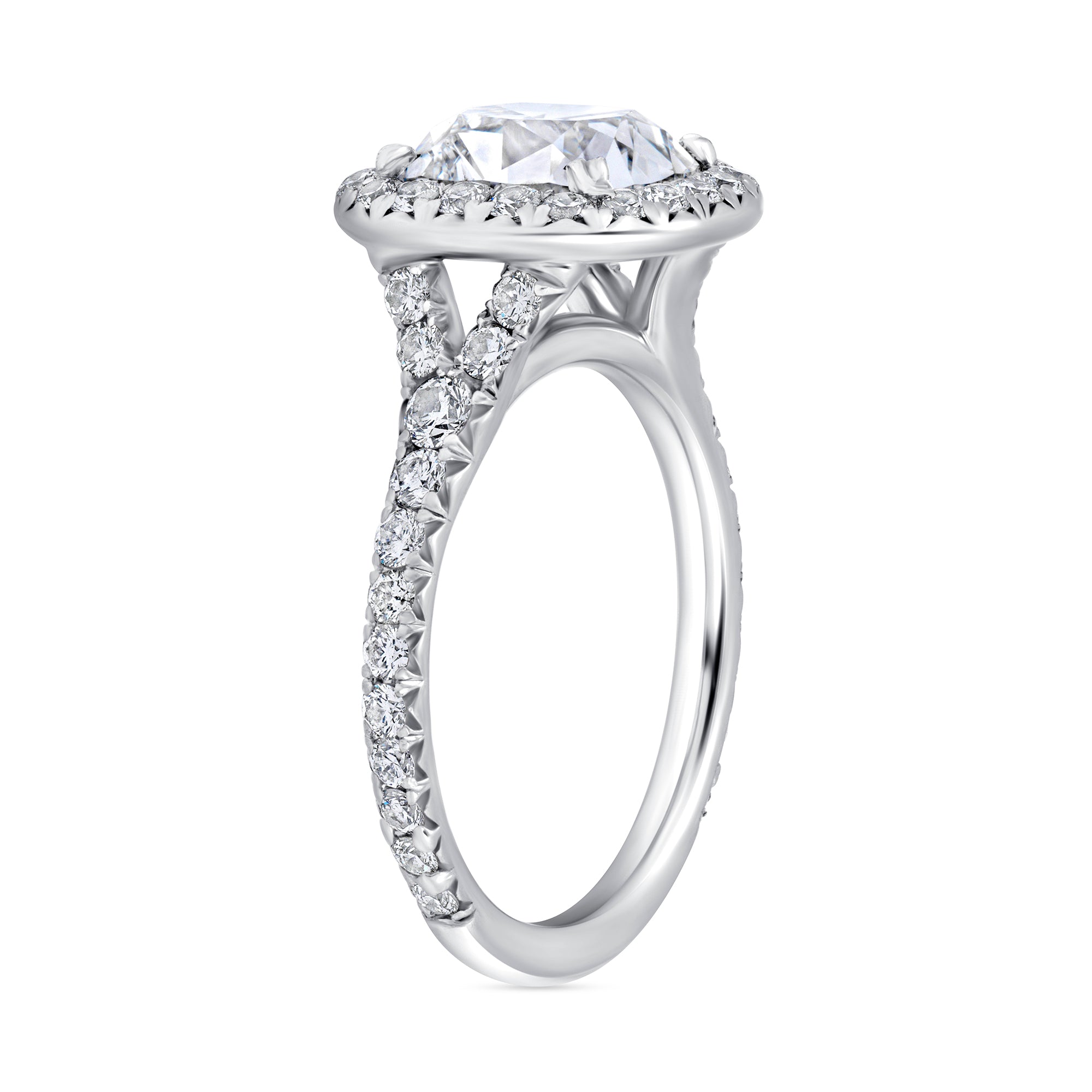 Cushion-Cut Diamond Halo Ring with Pavé Band in Platinum