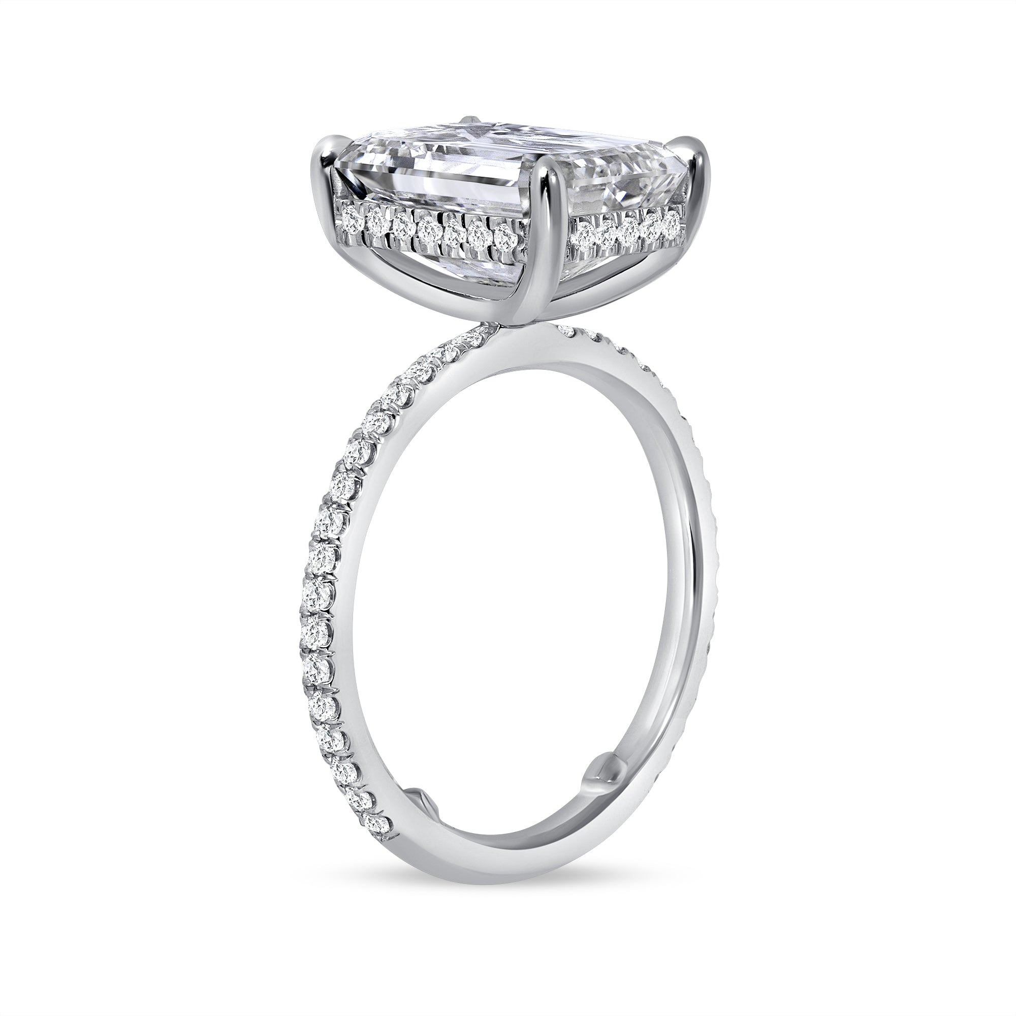 Emerald Cut Diamond Hidden Halo Engagement Ring with Pavé Band in Platinum Ruthenium