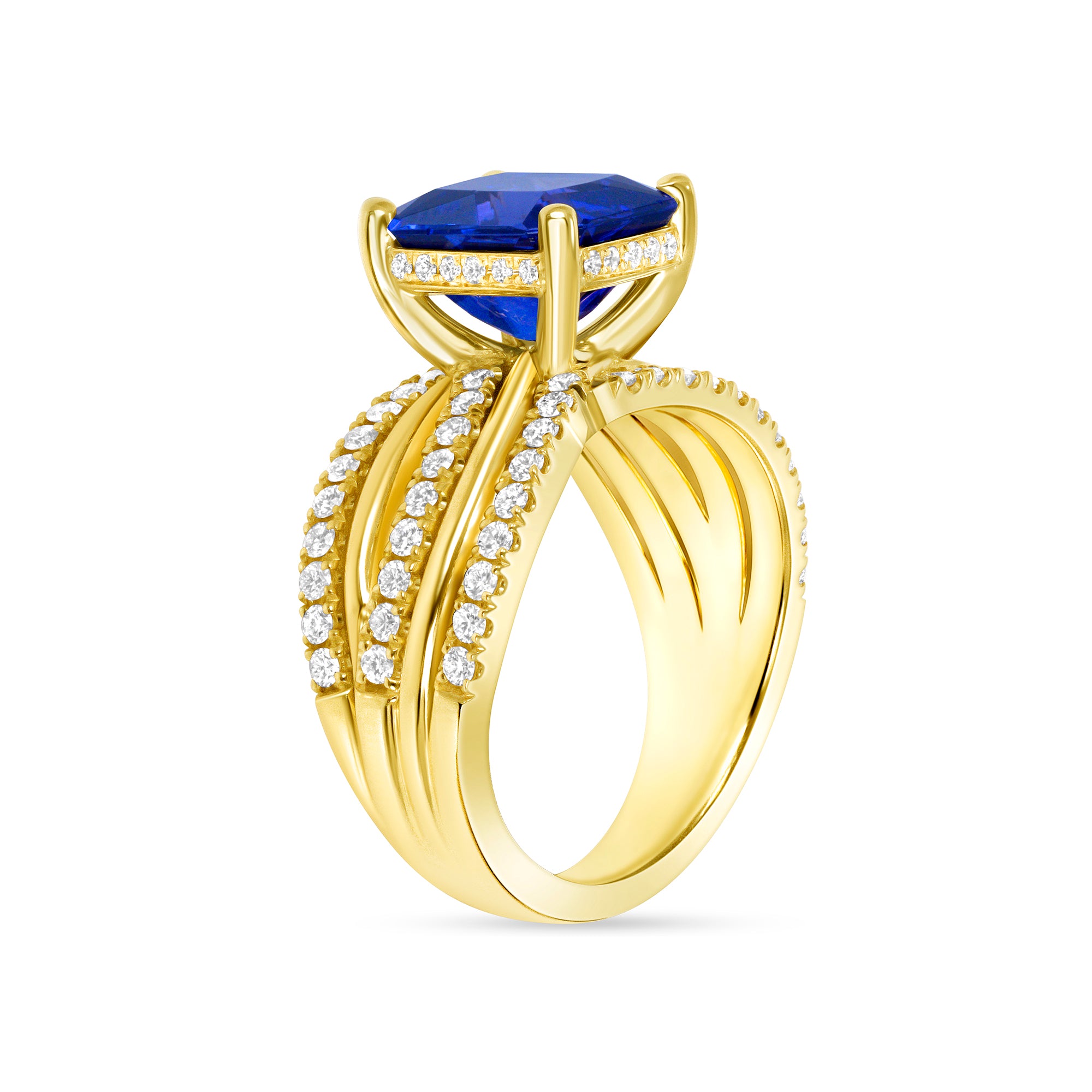 Cushion-Cut Blue Sapphire and Diamond Multi-Band Ring in 18K Yellow Gold