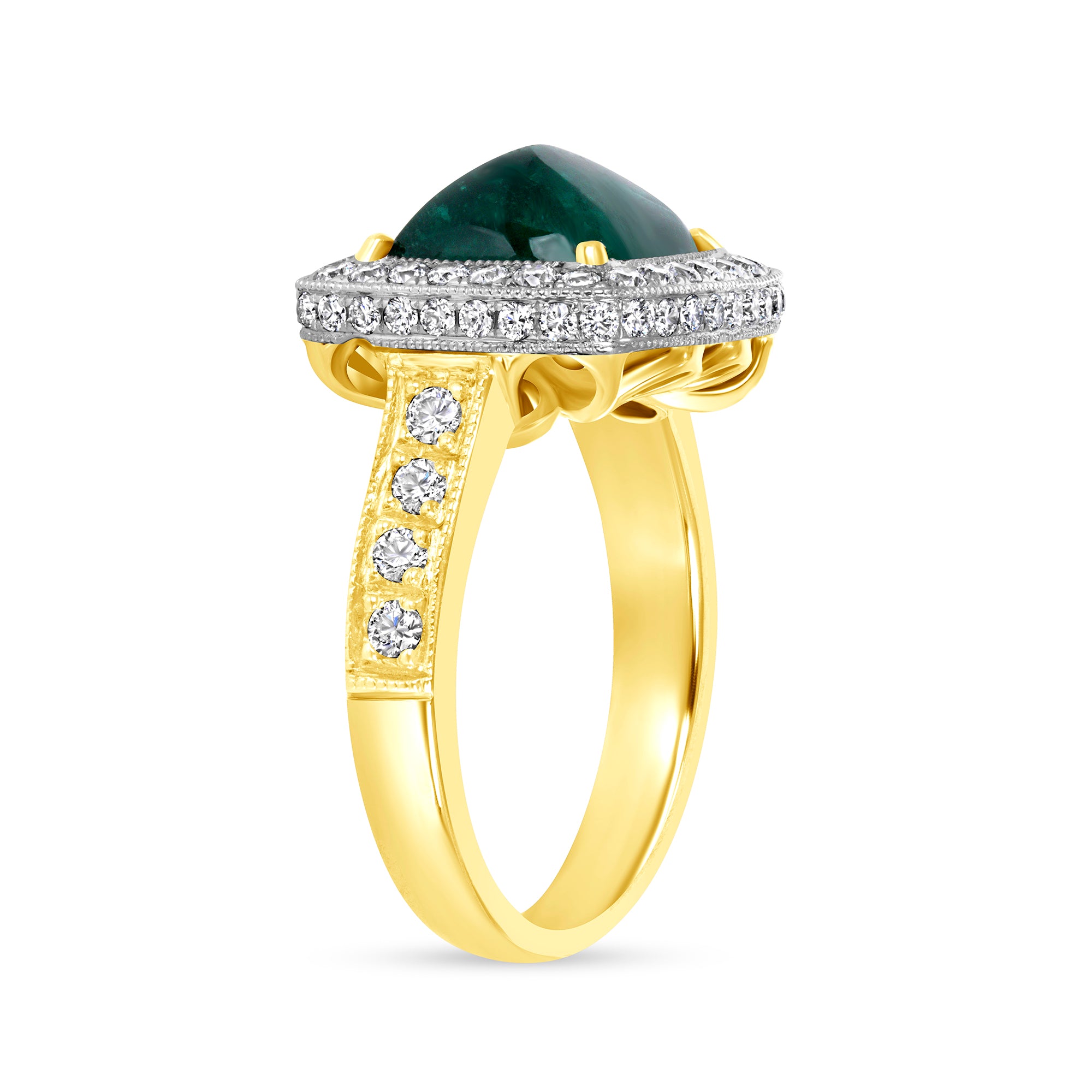 Cushion-Cut Emerald Halo Pavé Ring in 18K Yellow Gold and Platinum