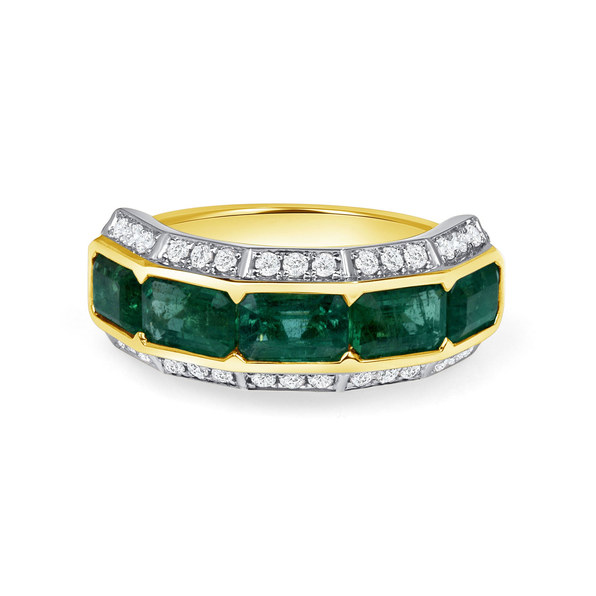 Emerald and Diamond Layered Channel Set Ring in 14K Yellow Gold