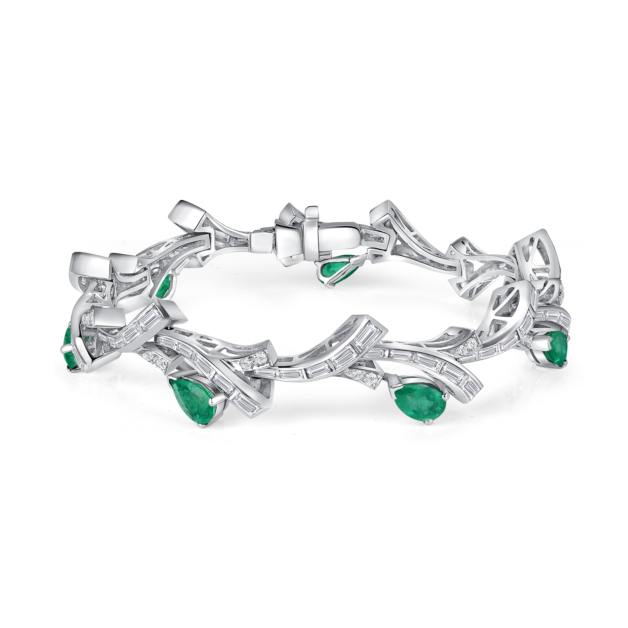 Diamond Baguette And Pear Shape Green Emerald Bracelet