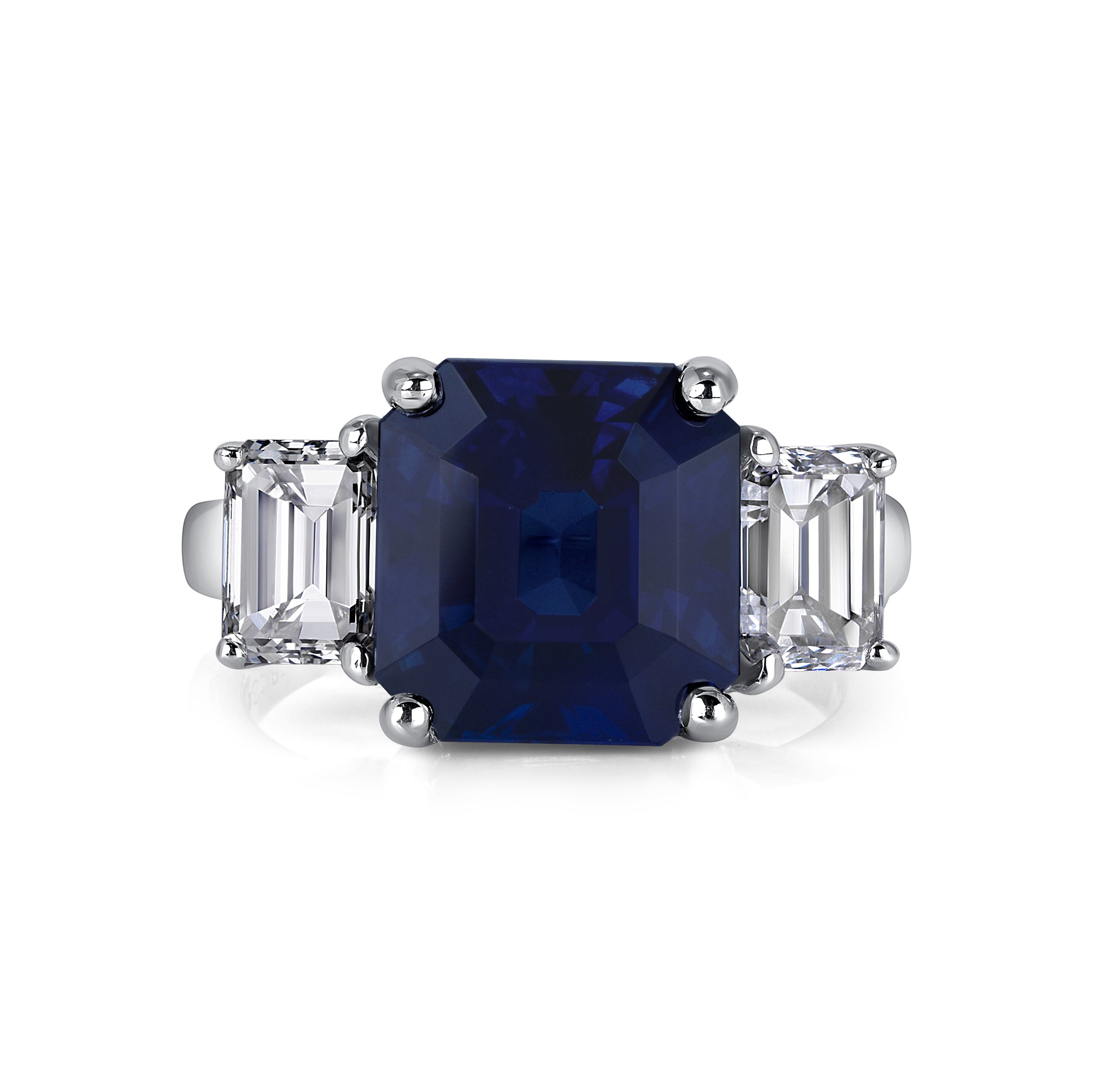 Asscher Cut Blue Sapphire Three Stone Ring with Emerald Cut Diamond Side Stones in Platinum Ruthenium