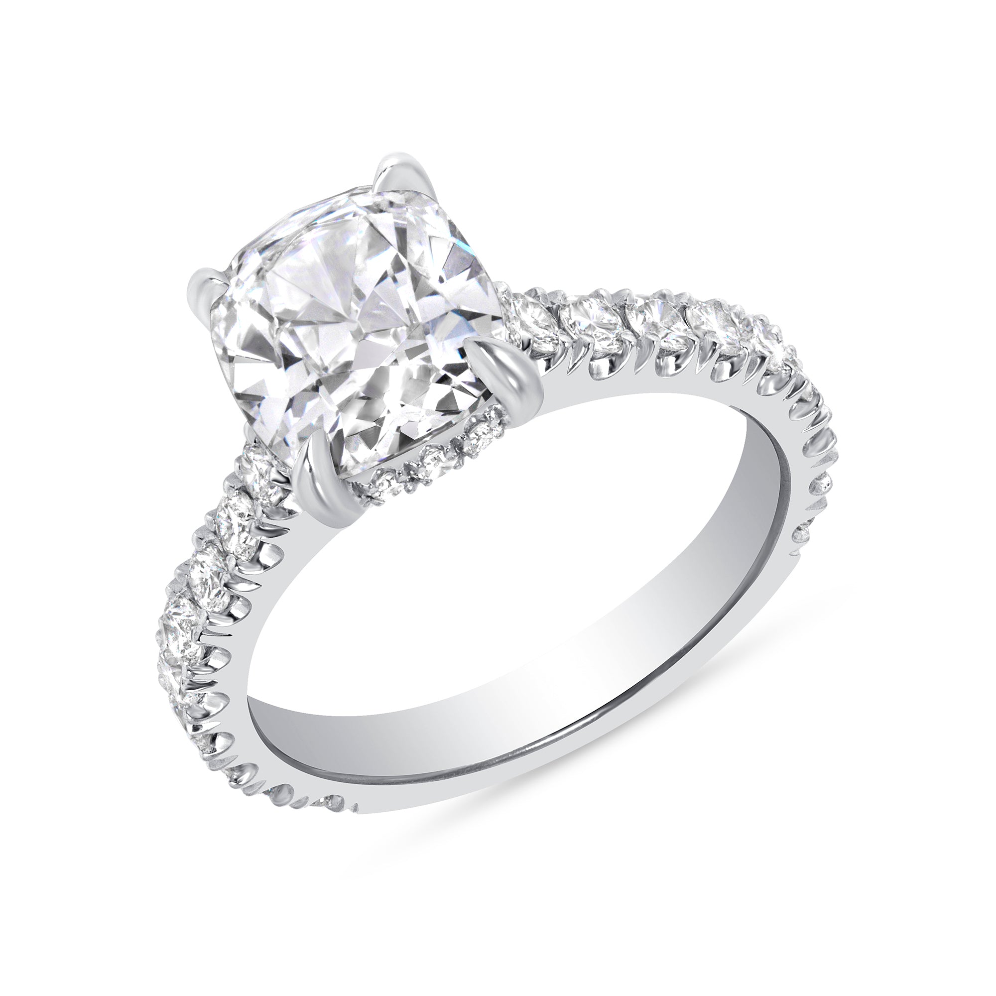 Cushion-Cut Diamond Ring with Pavé in Platinum