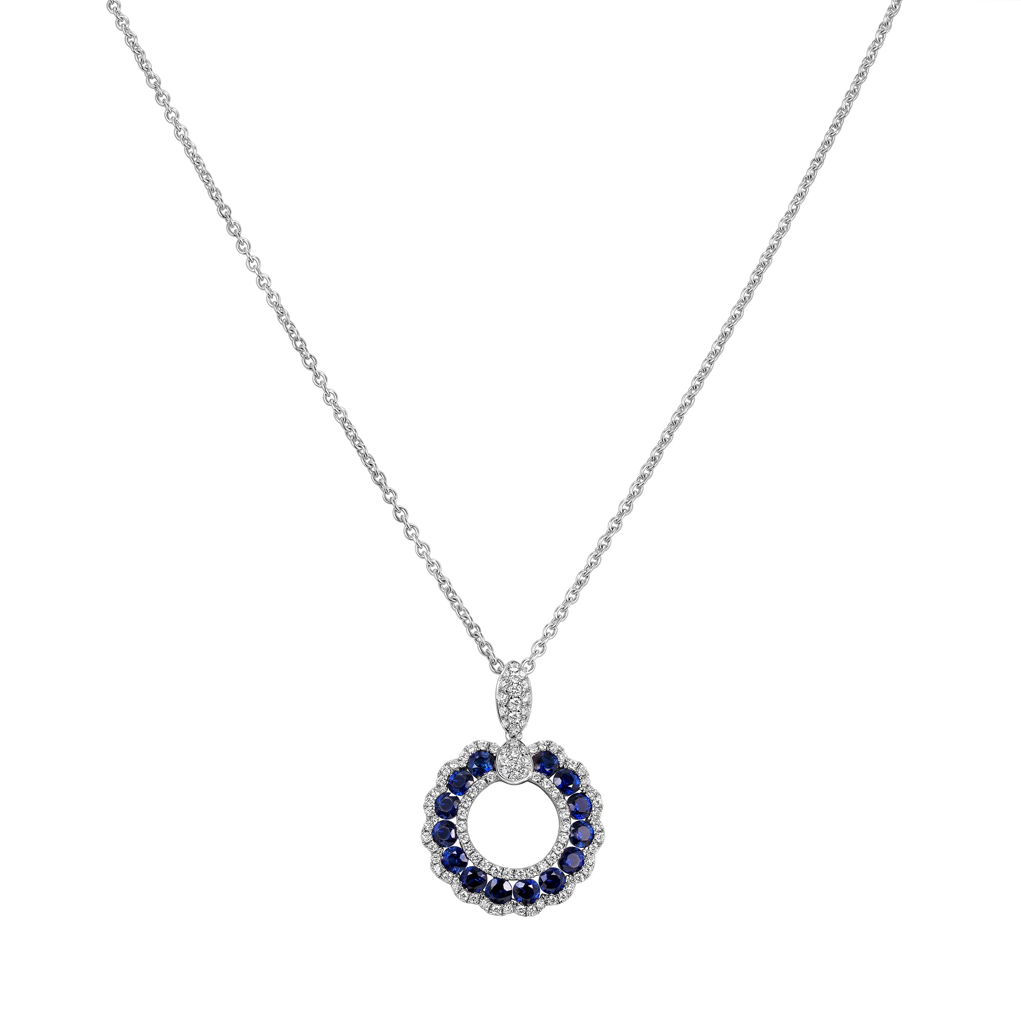 Sapphire and Diamond Circle Pendant Necklace in 18K White Gold