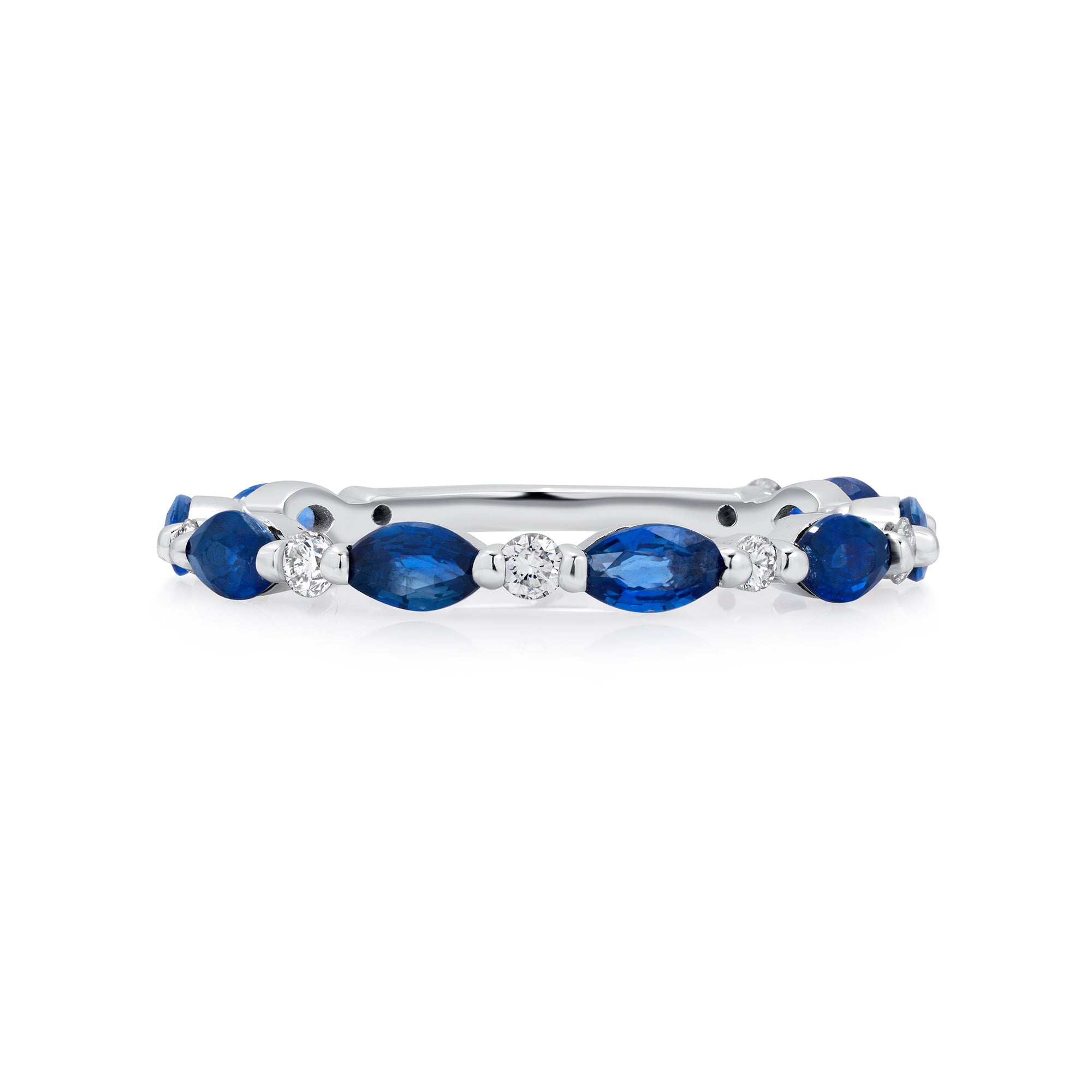 Marquise Blue Sapphire and Round Diamond Band Going 3/4 Way Around in 18K White Gold