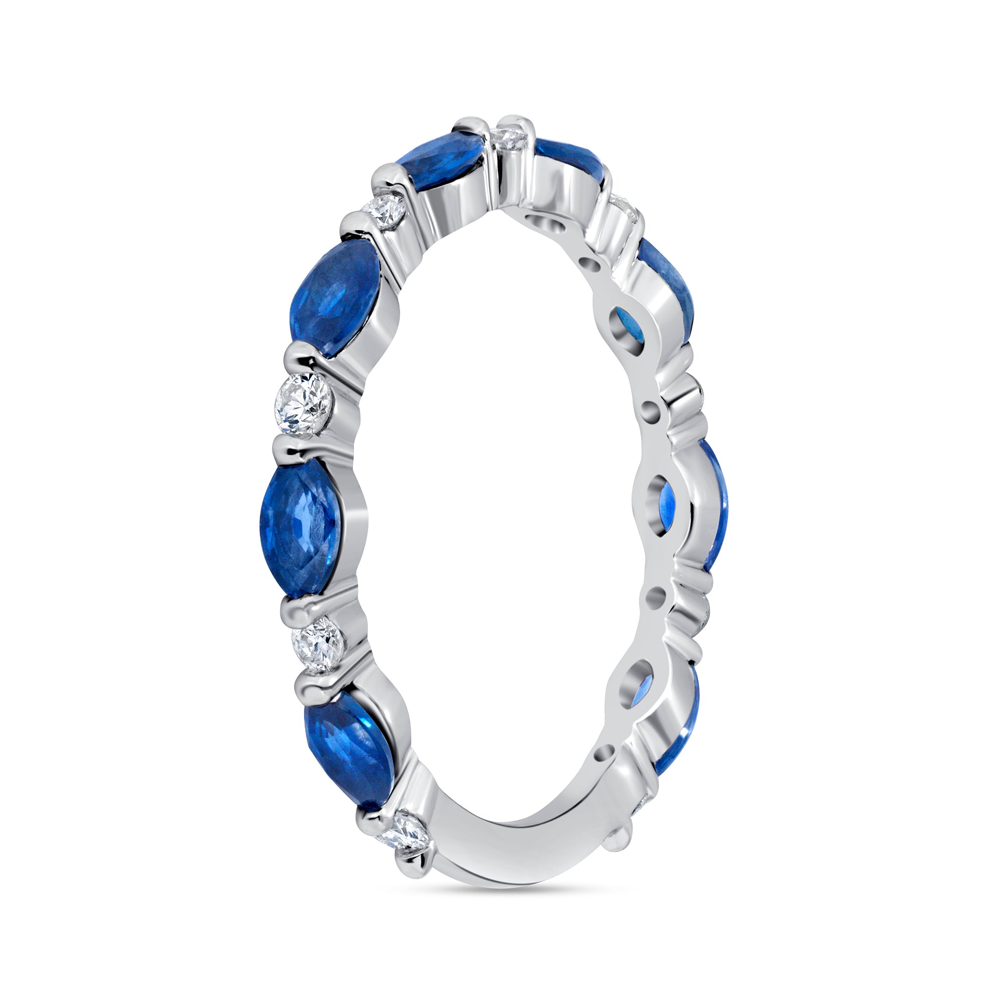 Marquise Blue Sapphire and Round Diamond Band Going 3/4 Way Around in 18K White Gold