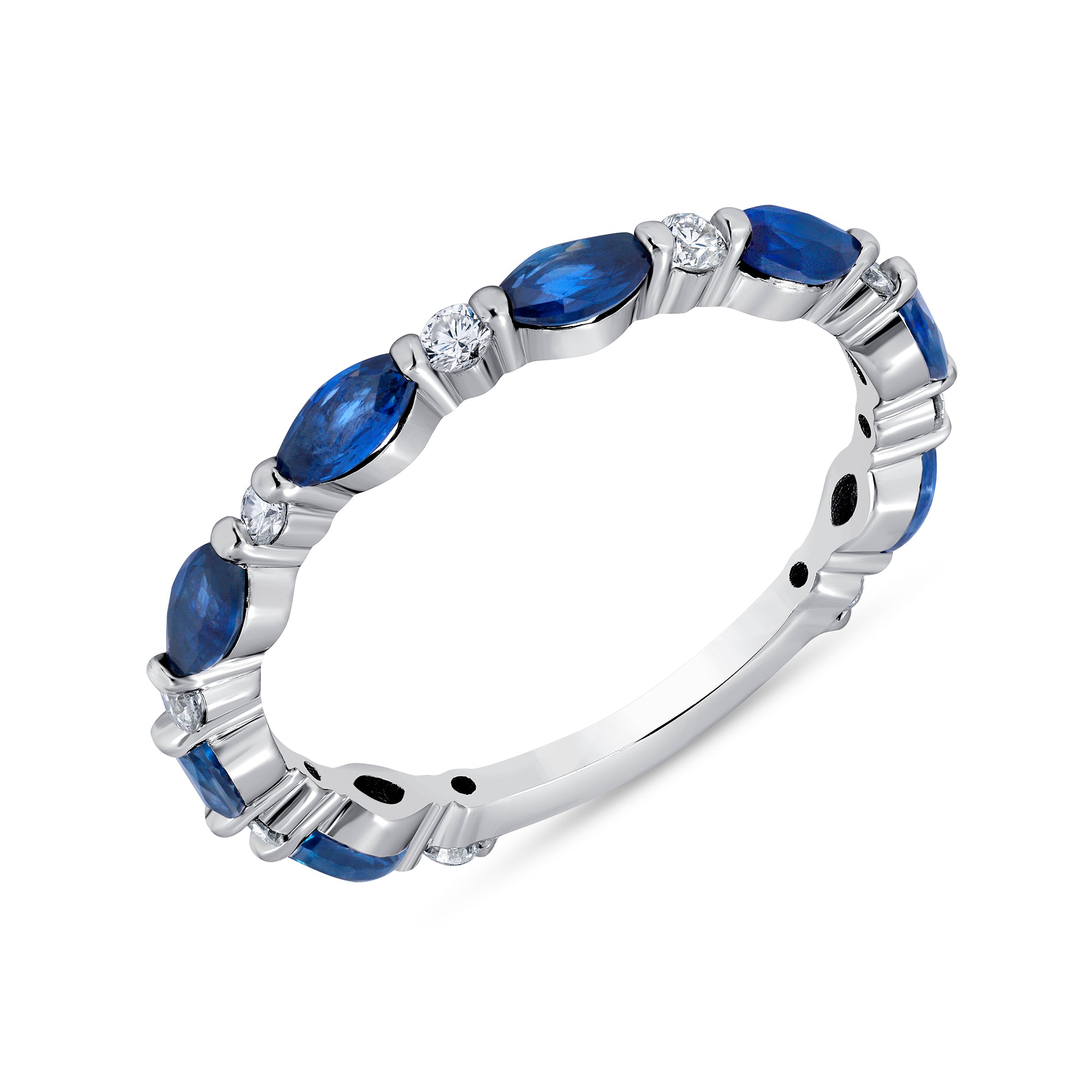 Marquise Blue Sapphire and Round Diamond Band Going 3/4 Way Around in 18K White Gold