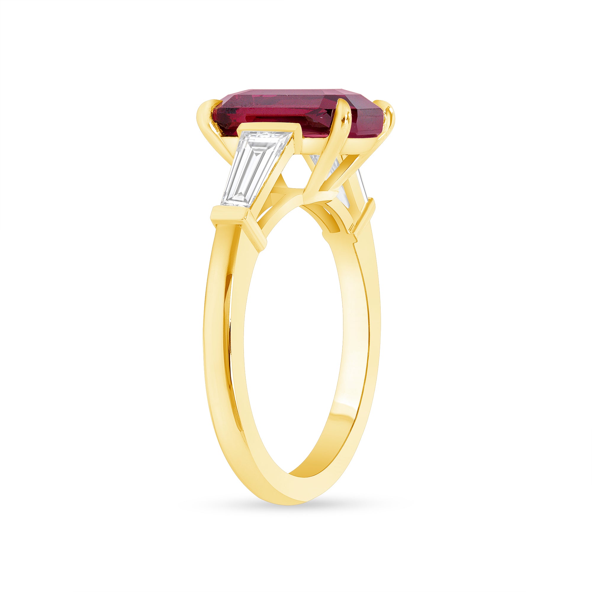 Ruby And Diamond Tapered Baguette 3 Stone Ring In 18 Karat Yellow Gold