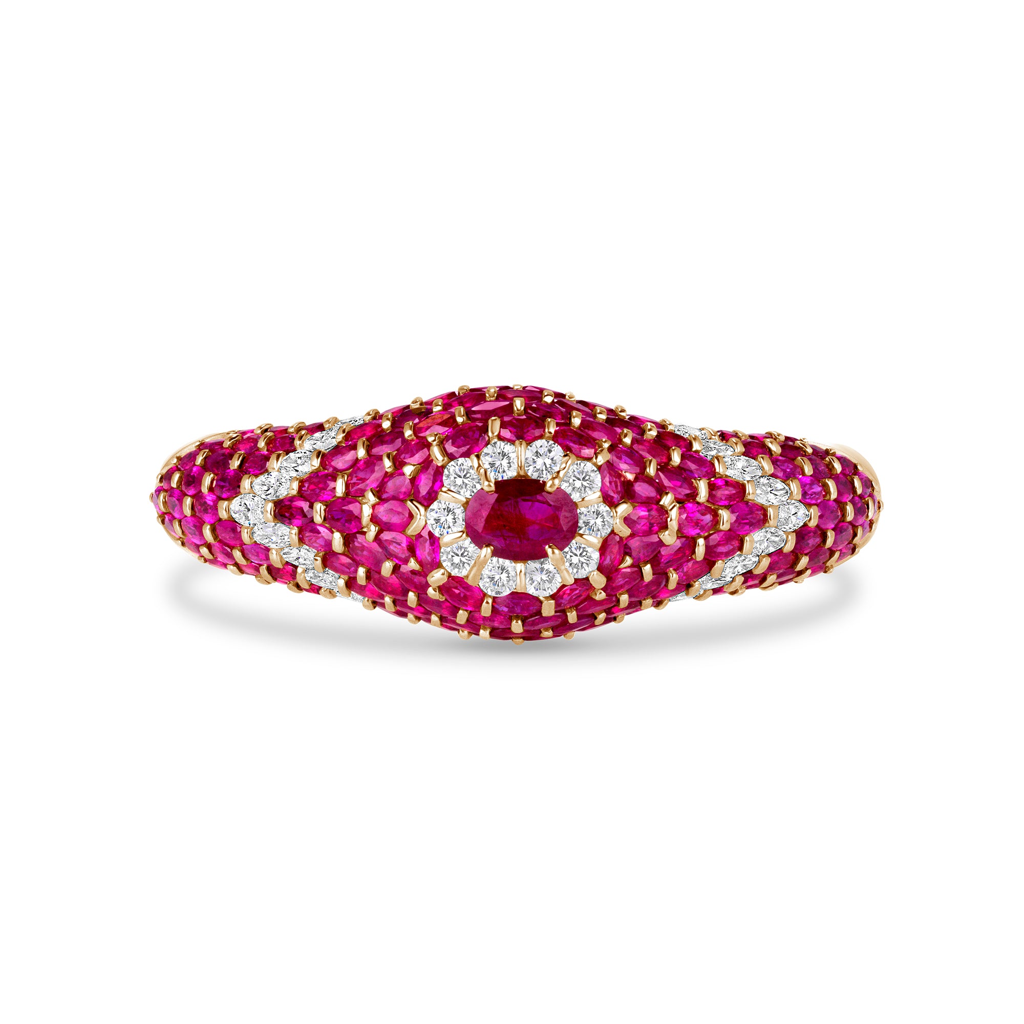 Oval Cut Ruby Cuff Bracelet with Diamond Accents in Yellow Gold