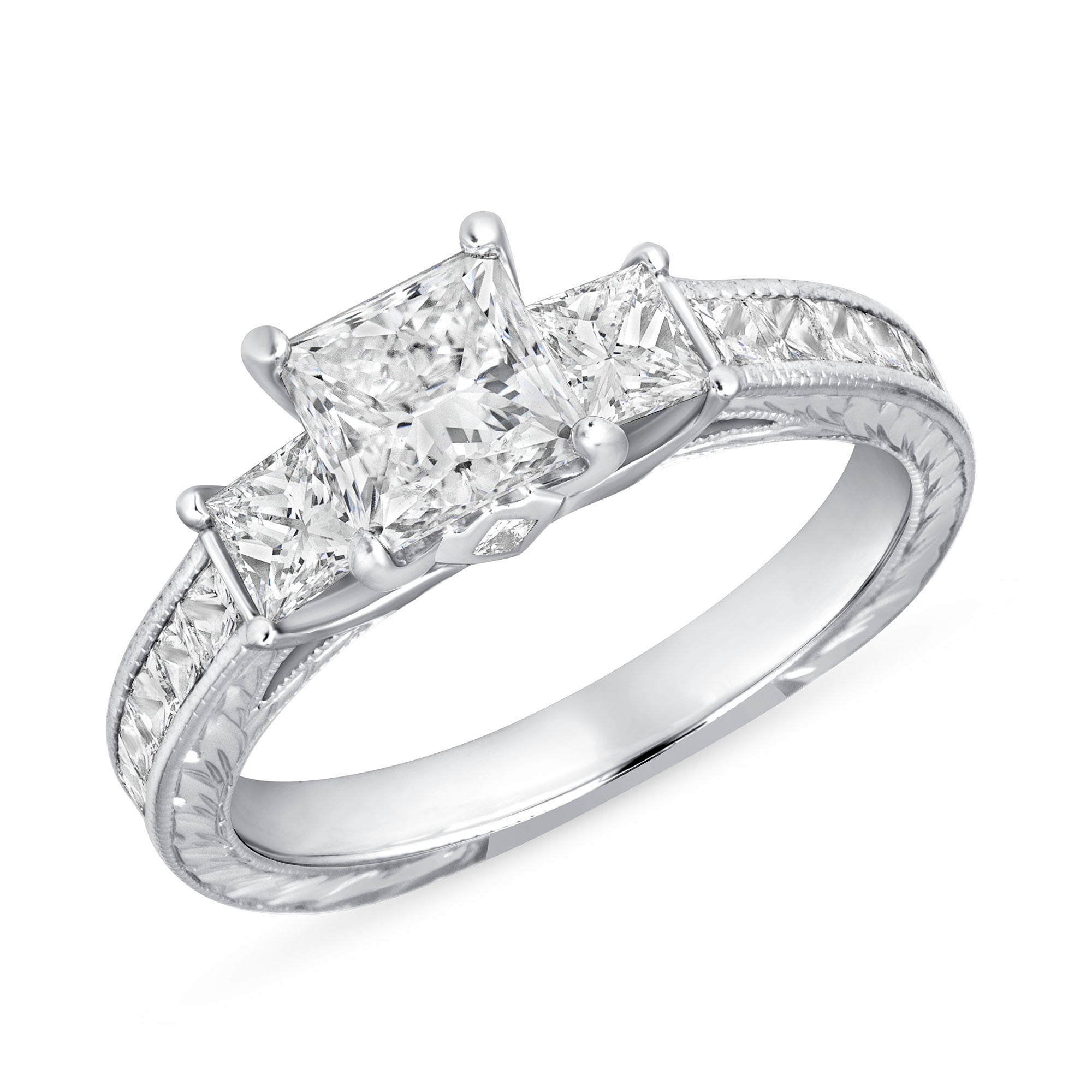 Princess Cut Diamond Three Stone Ring in Channel Set Platinum Ruthenium Band
