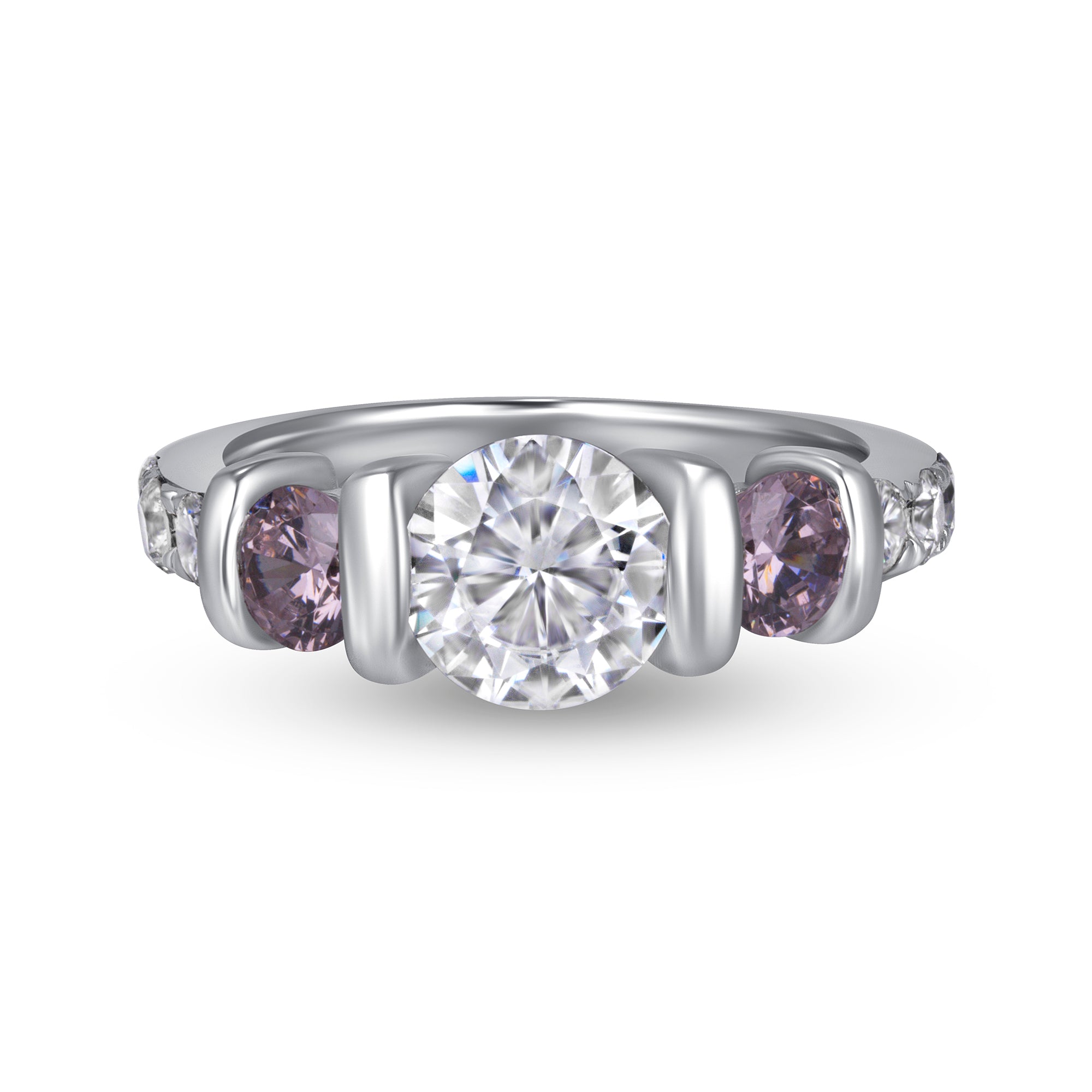 Round Brilliant Diamond and Purple Sapphire Three Stone Ring in Platinum