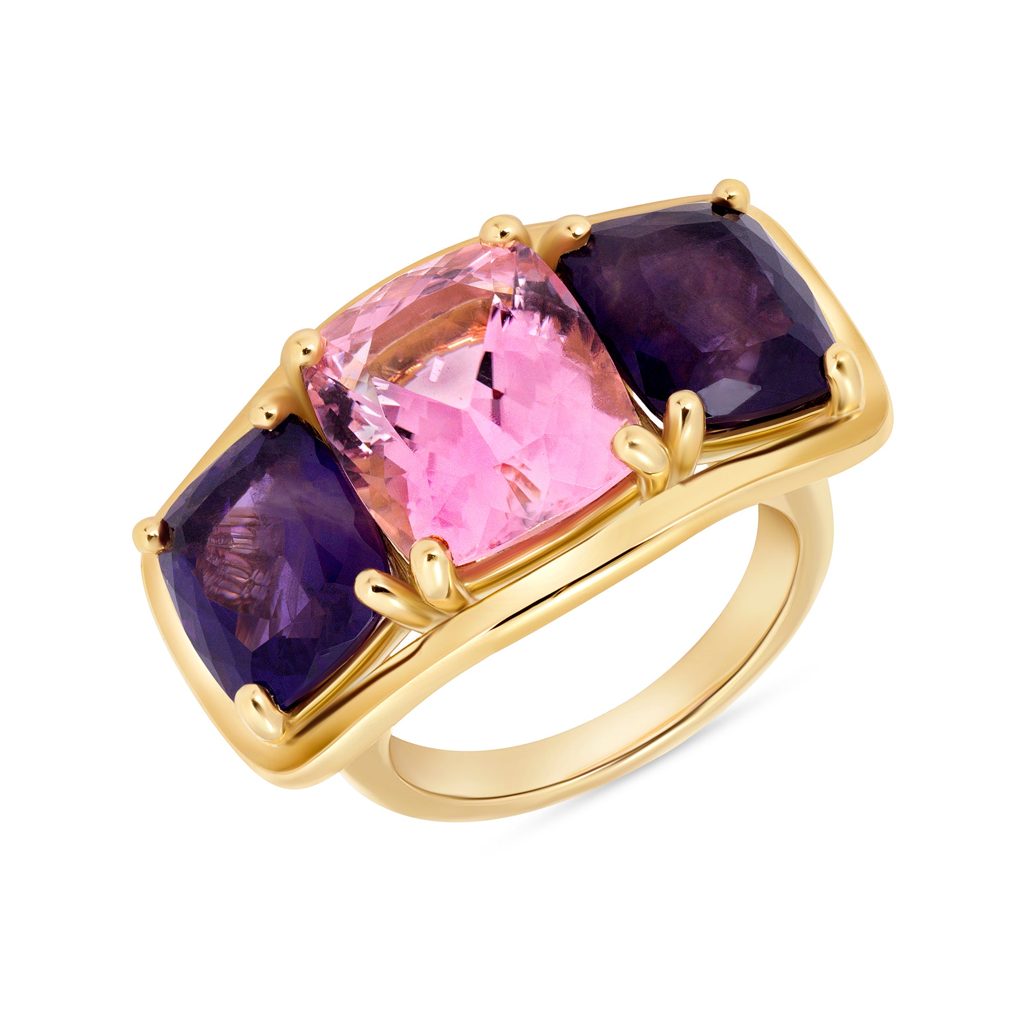 Cushion-Cut Purple Sapphire Three Stone Ring in 18K Yellow Gold