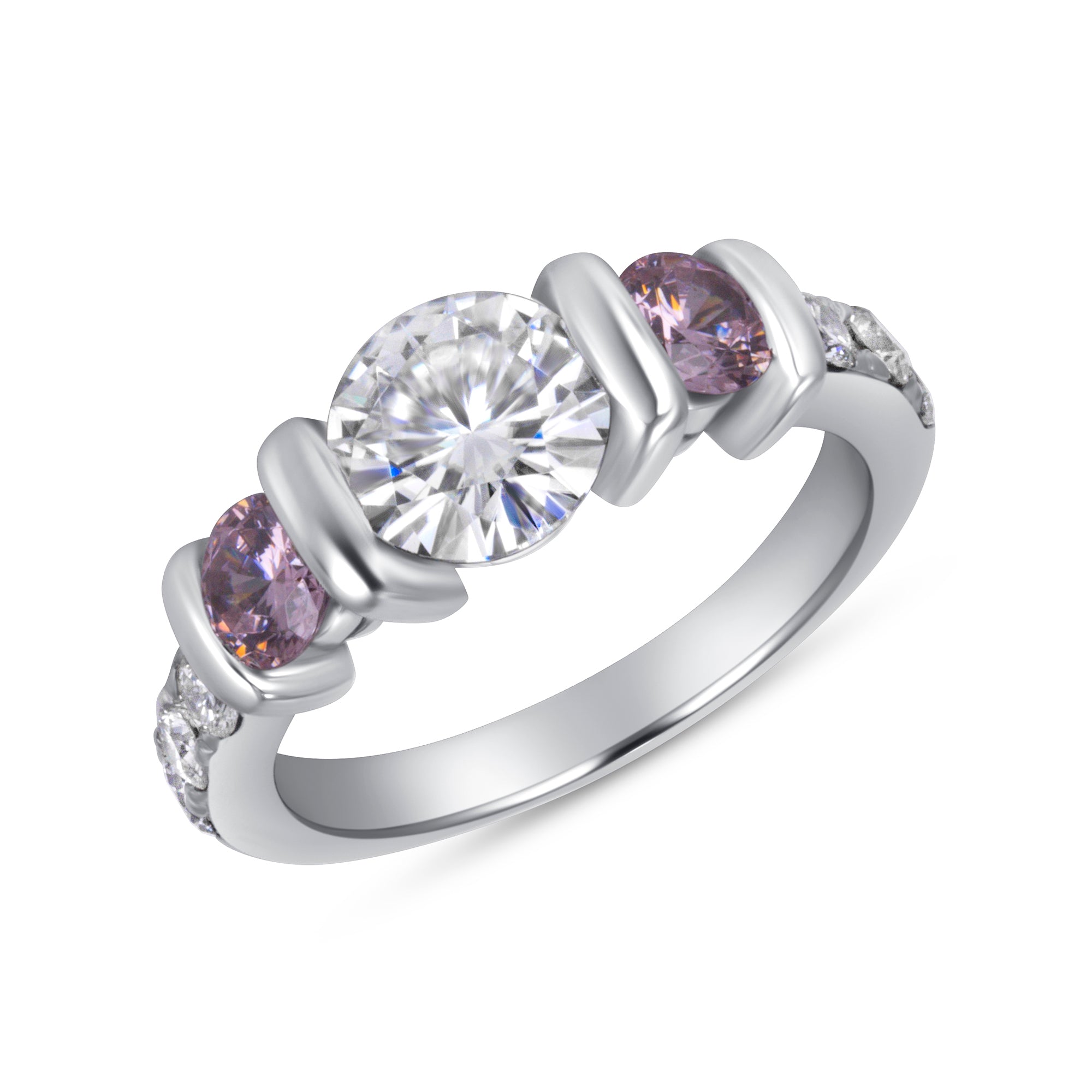 Round Brilliant Diamond and Purple Sapphire Three Stone Ring in Platinum