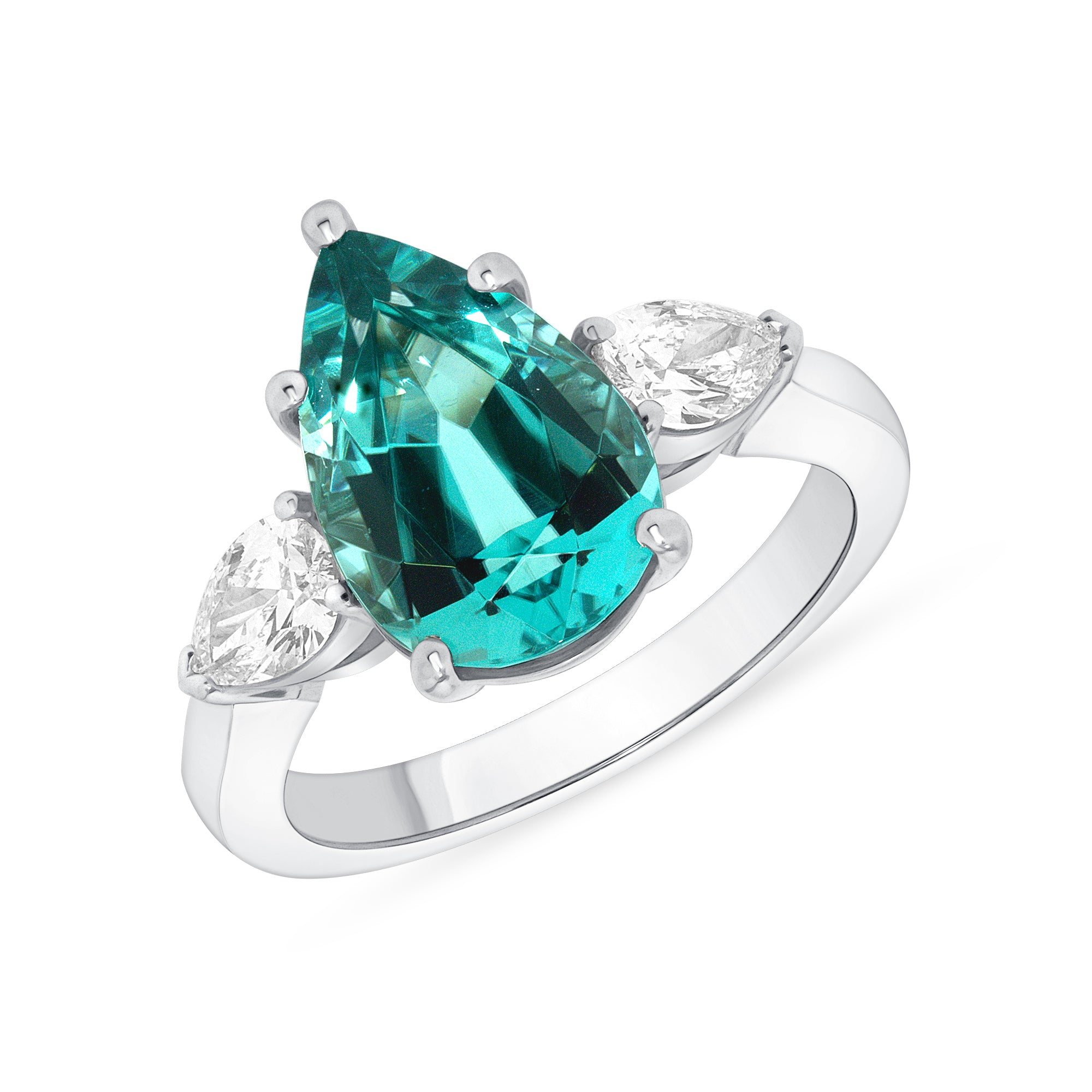 Blue Lagoon Tourmaline And Diamond Three Stone Ring In Platinum