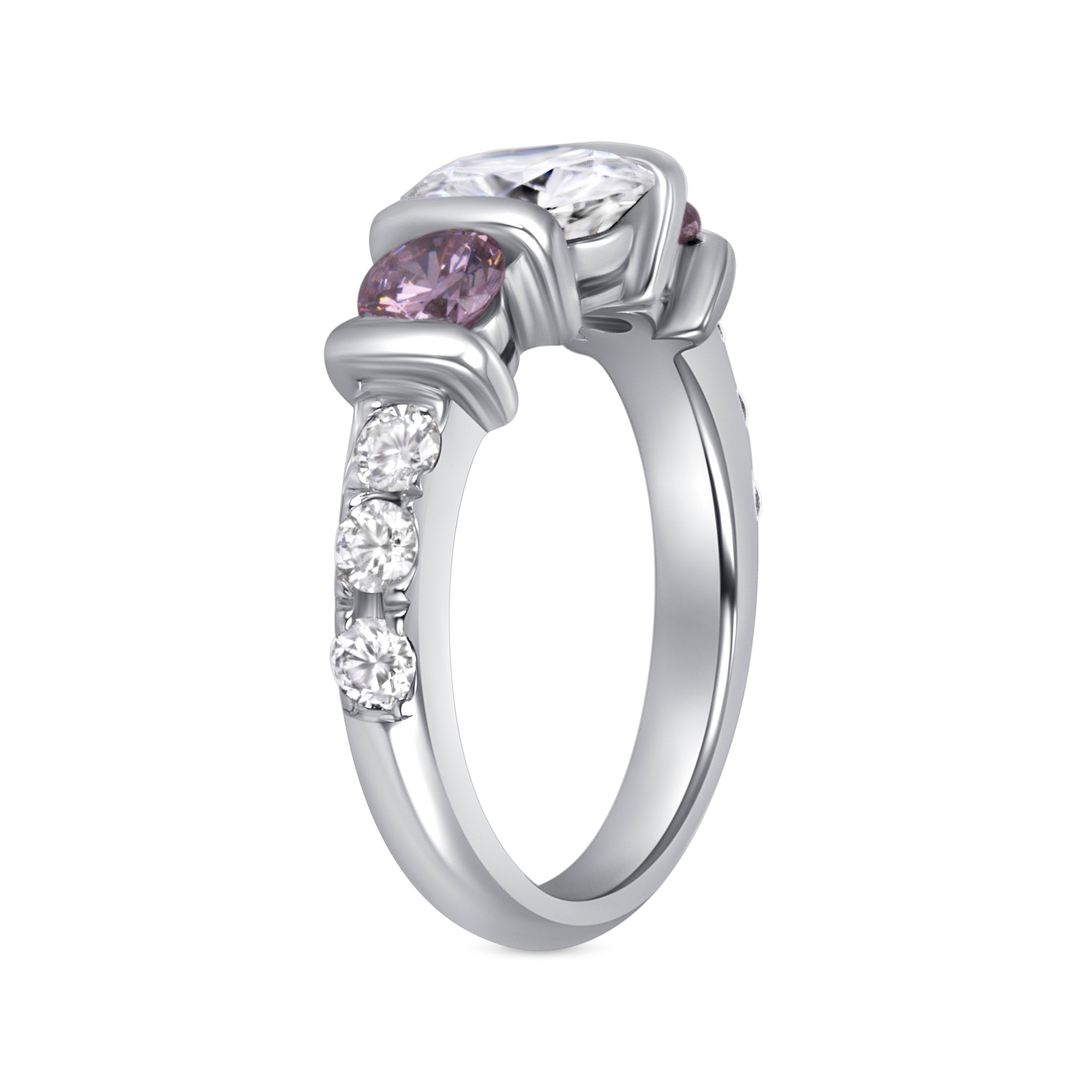 Round Brilliant Diamond and Purple Sapphire Three Stone Ring in Platinum