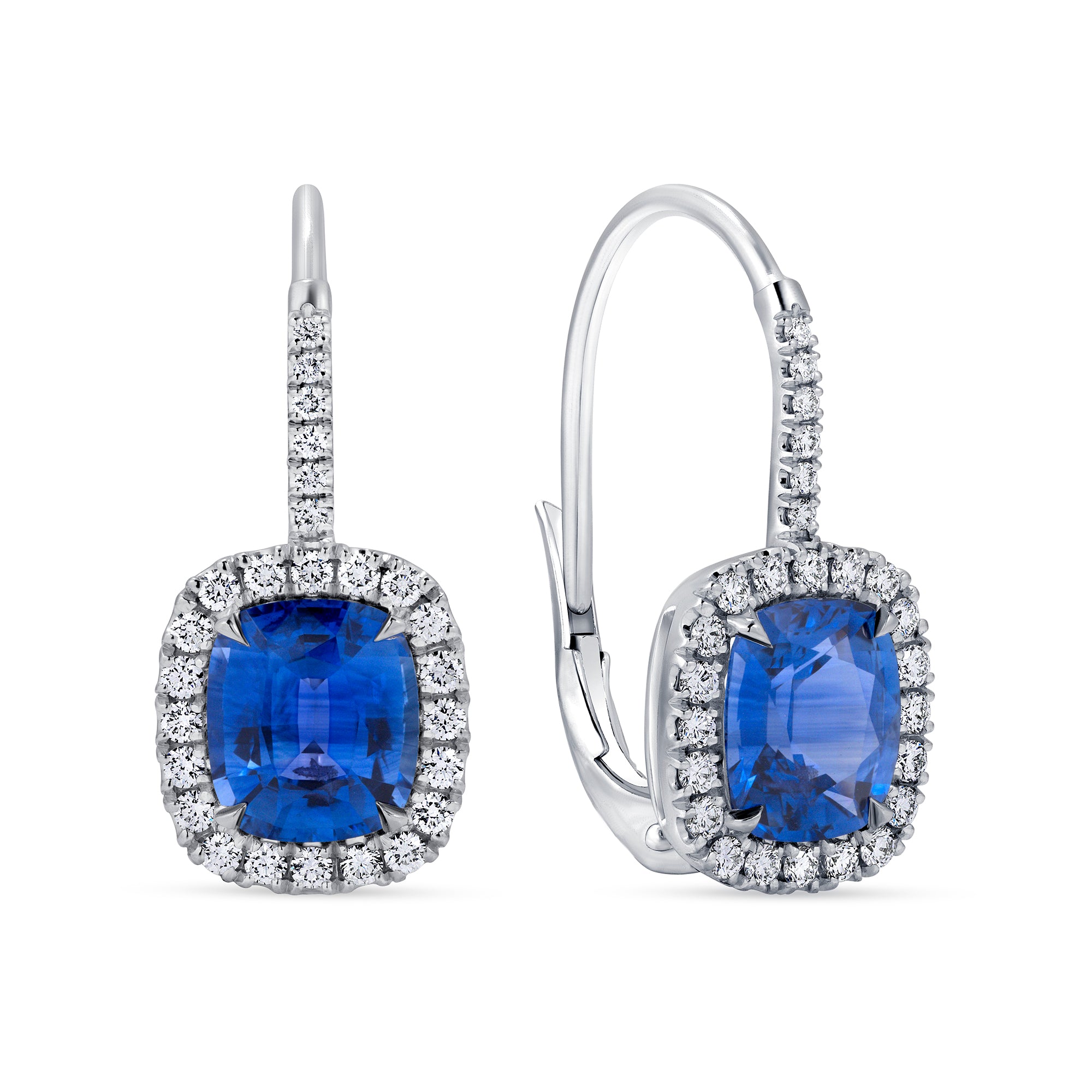 Cushion-Cut Blue Sapphire and Diamond Halo Drop Earrings in 18K White Gold