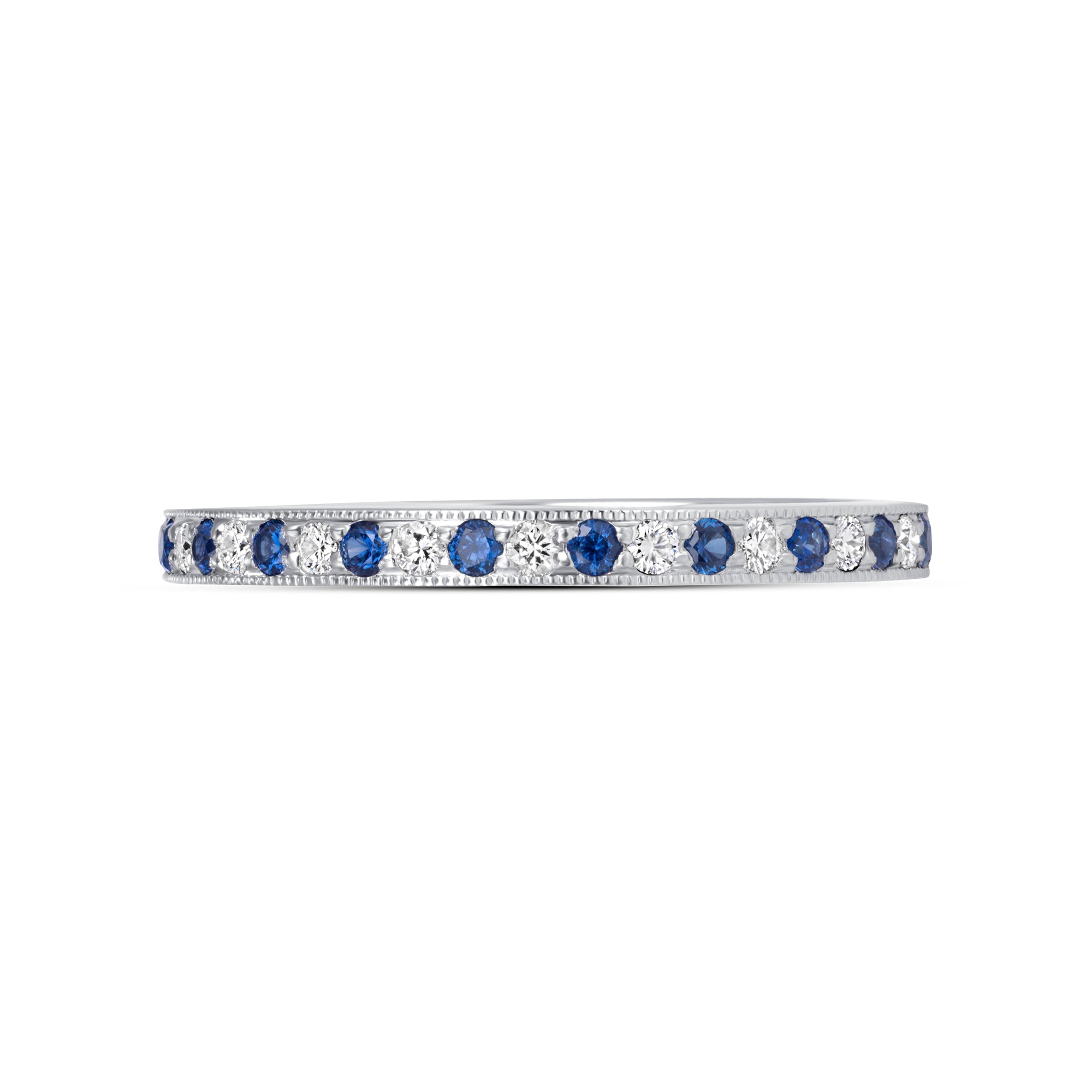 Channel Set Blue Sapphire and Diamond Eternity Band in 18K White Gold