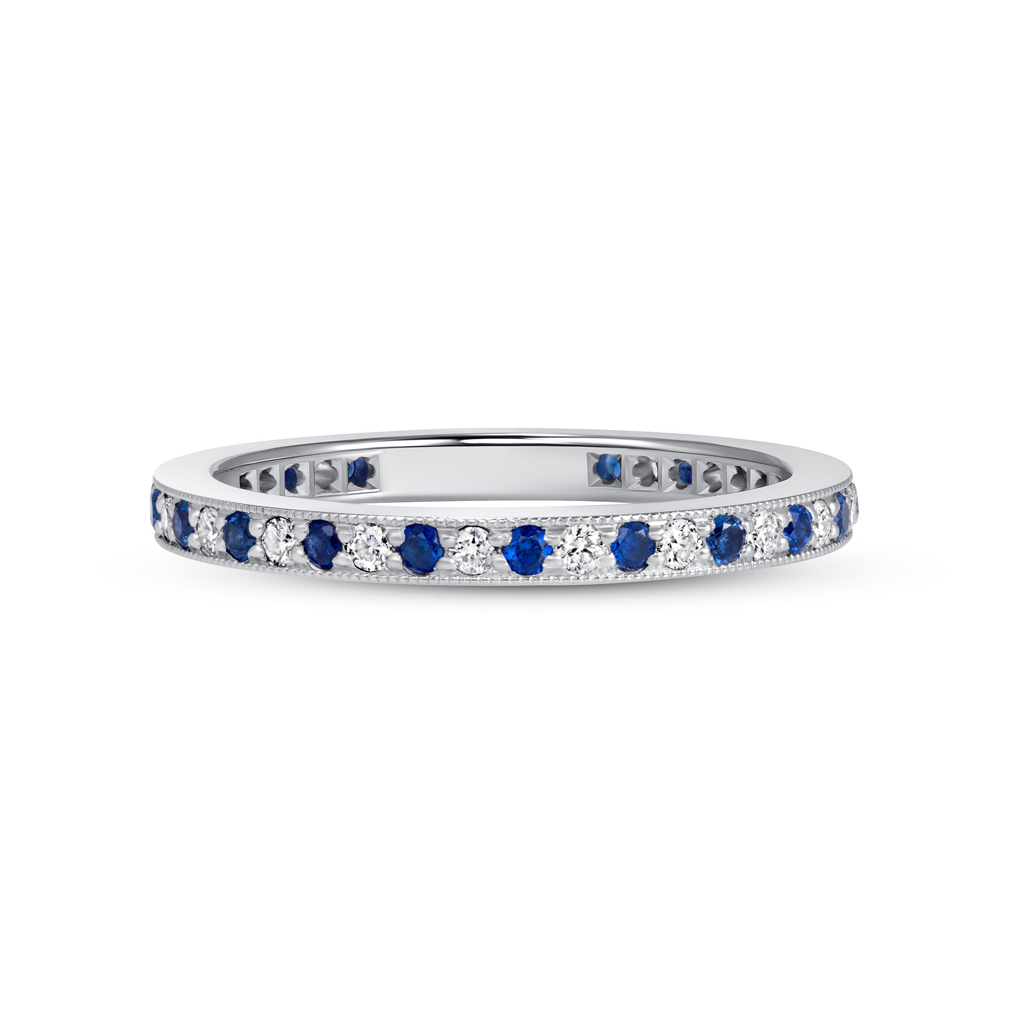 Channel Set Blue Sapphire and Diamond Eternity Band in 18K White Gold