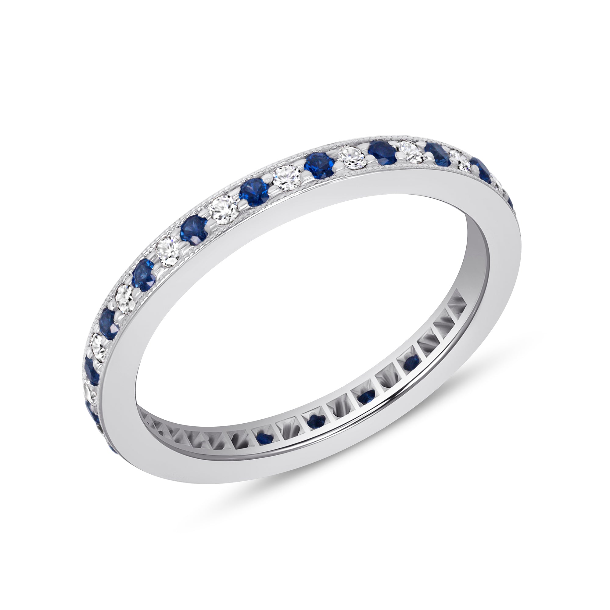 Channel Set Blue Sapphire and Diamond Eternity Band in 18K White Gold