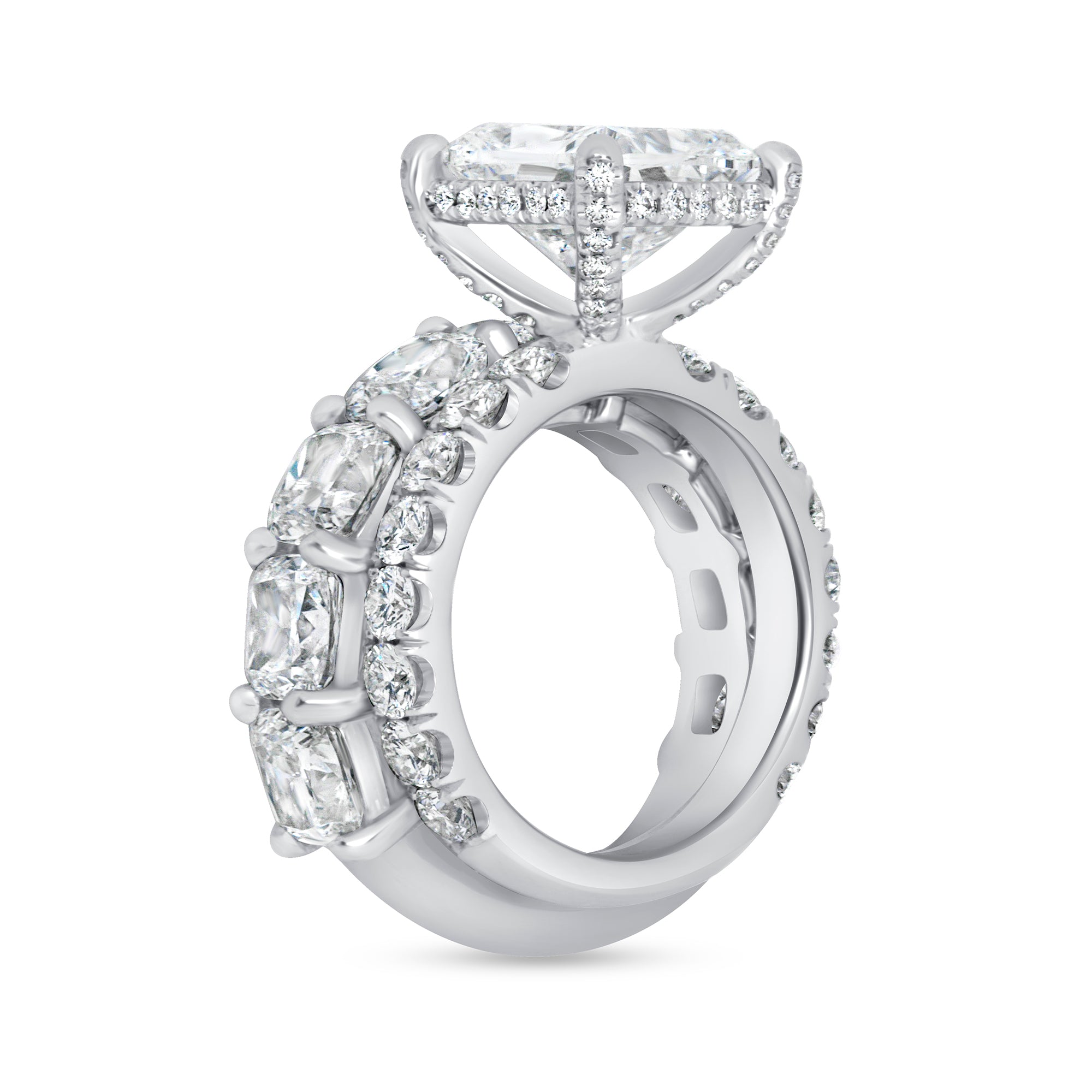 Cushion-Cut Diamond Bridal Set with Nine-Stone Band in Platinum