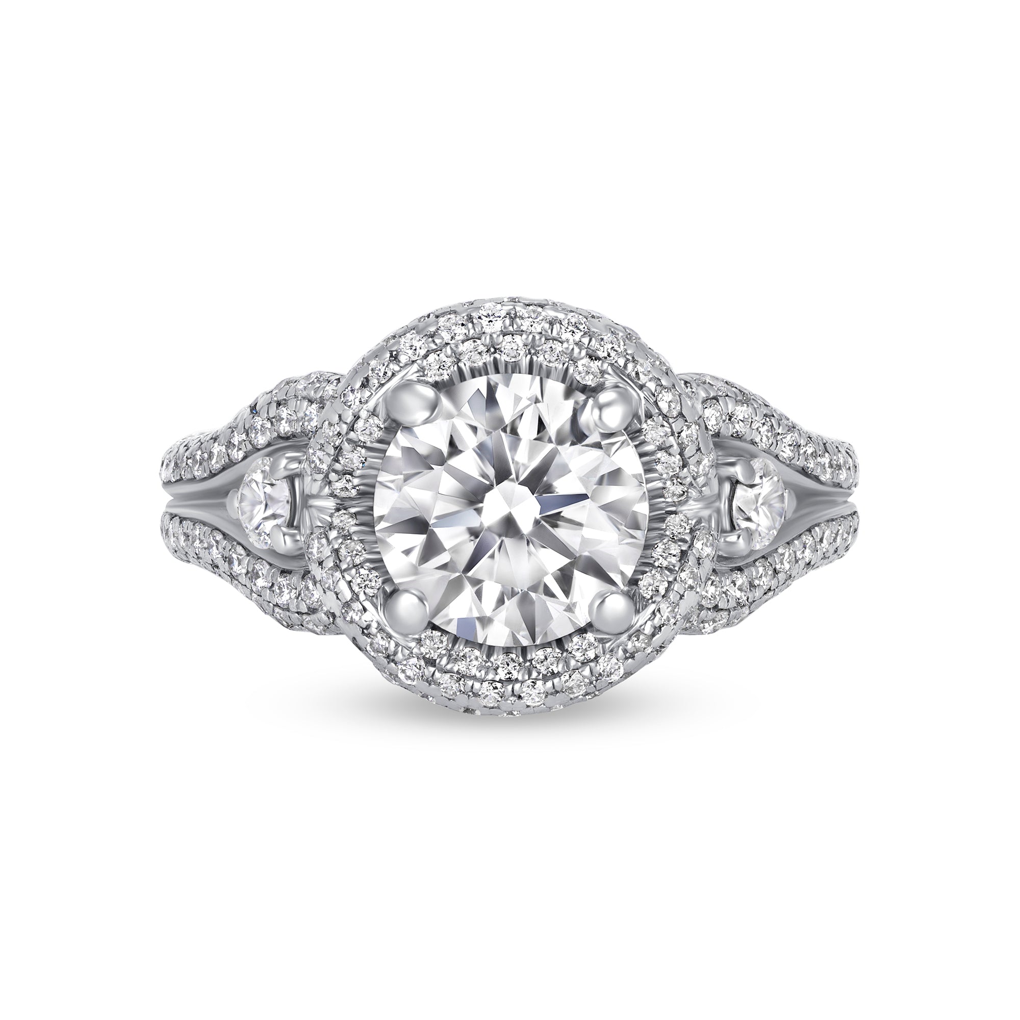 Round Brilliant Diamond Double Halo Engagement Ring in Platinum