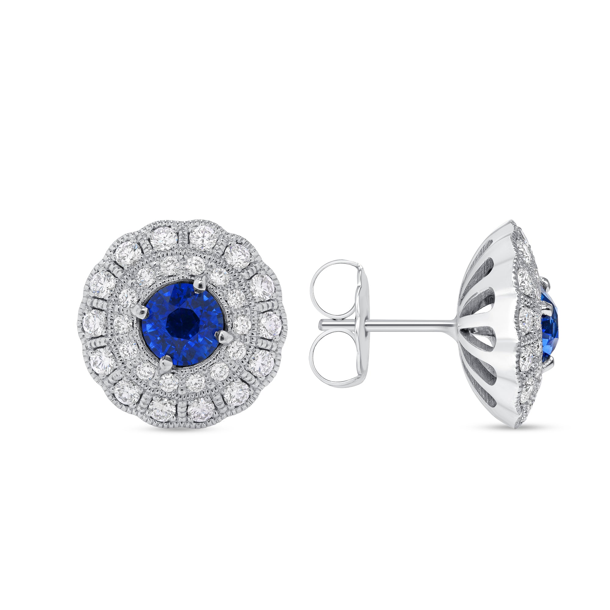 Blue Sapphire And Diamond Halo Earrings In 18 karat white gold